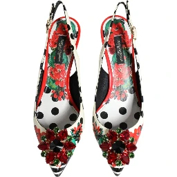 Multicolor Leather Crystal Heels Slingback Shoes