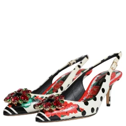Multicolor Leather Crystal Heels Slingback Shoes