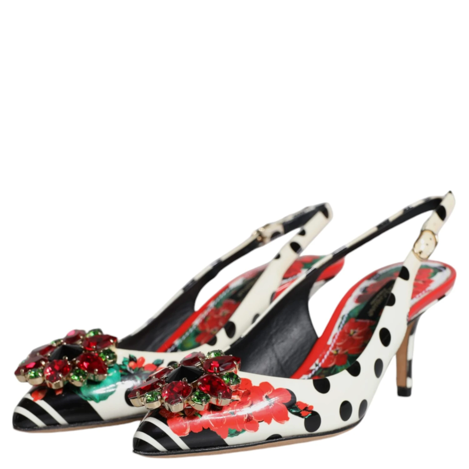 Multicolor Leather Crystal Heels Slingback Shoes