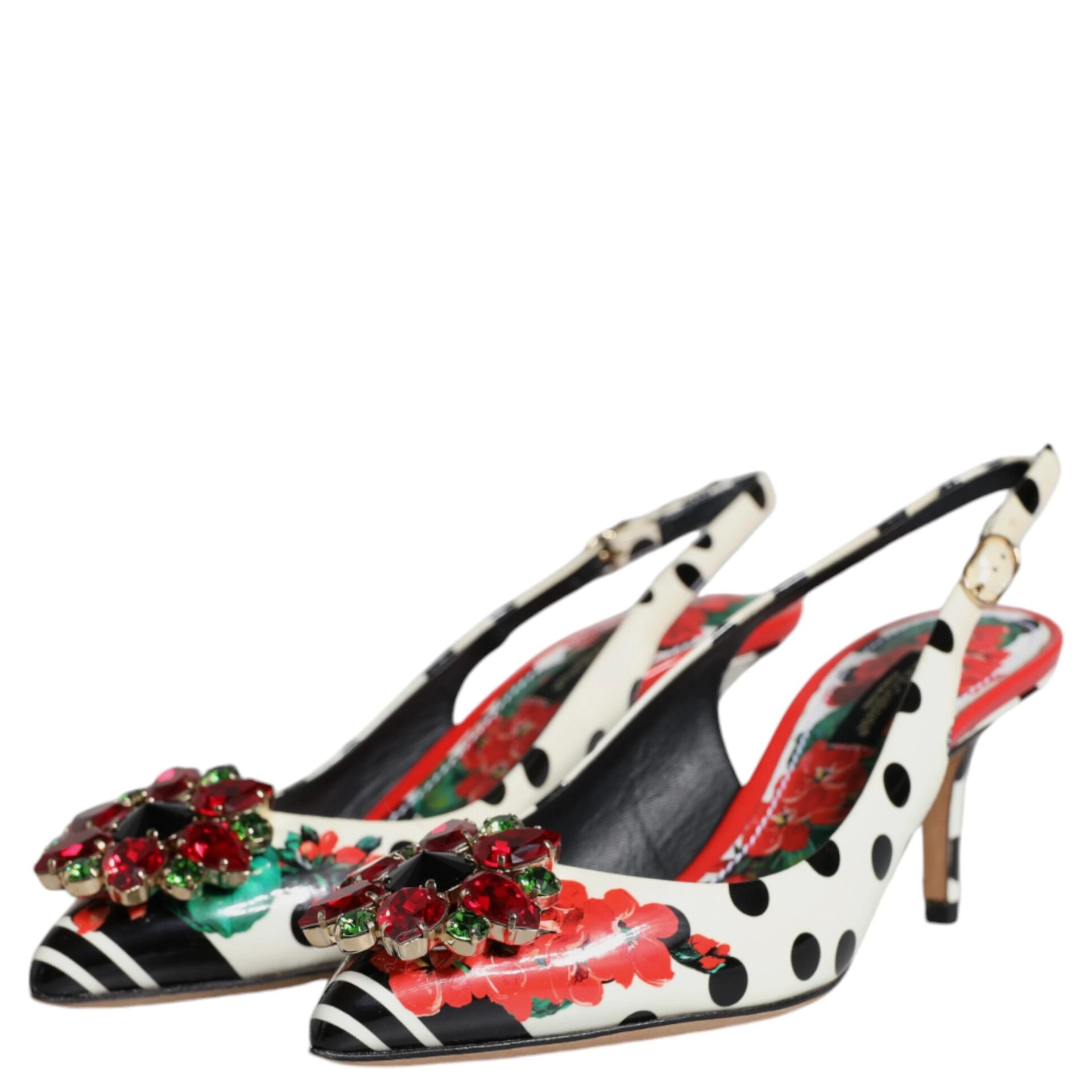 Multicolor Leather Crystal Heels Slingback Shoes