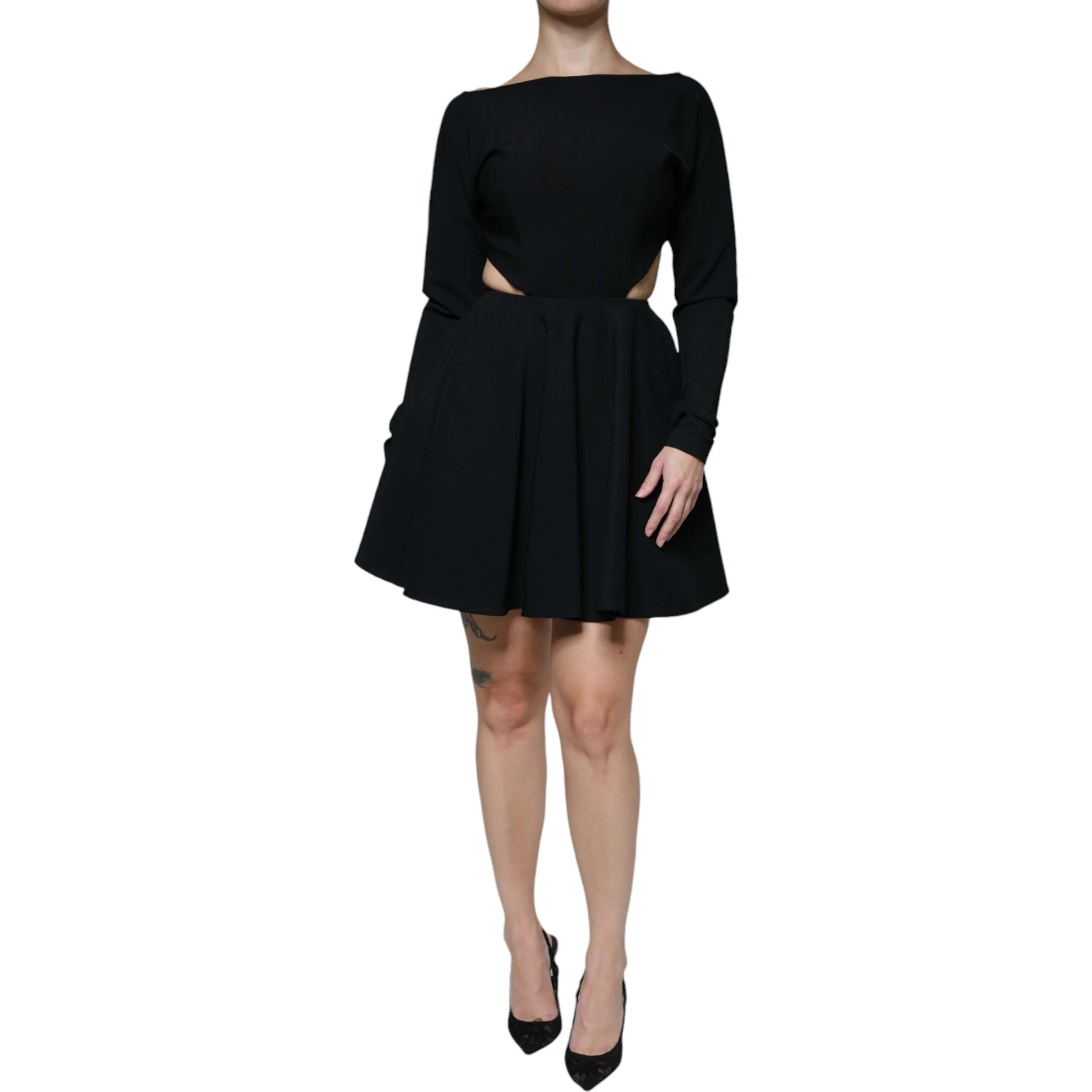 Black Viscose Cut Out A-line Long Sleeves Mini Dress
