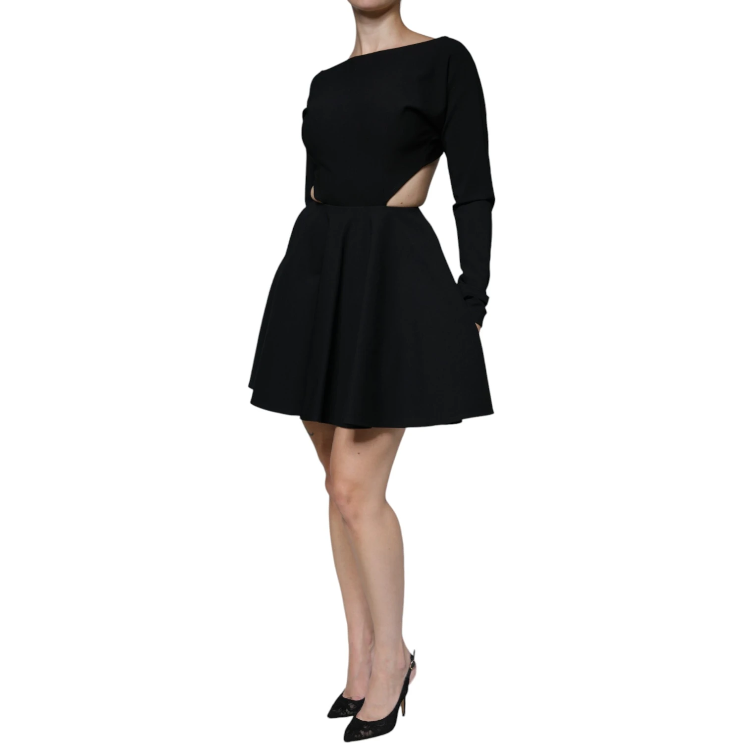 Black Viscose Cut Out A-line Long Sleeves Mini Dress