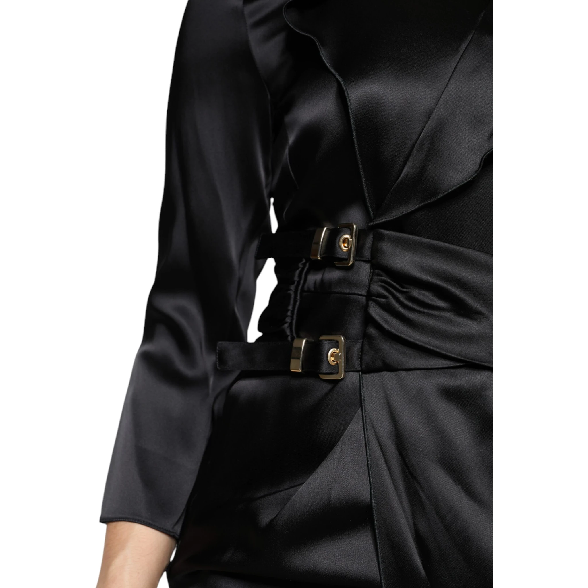 Black Satin Long Sleeves Wrap Sheath Mini Dress