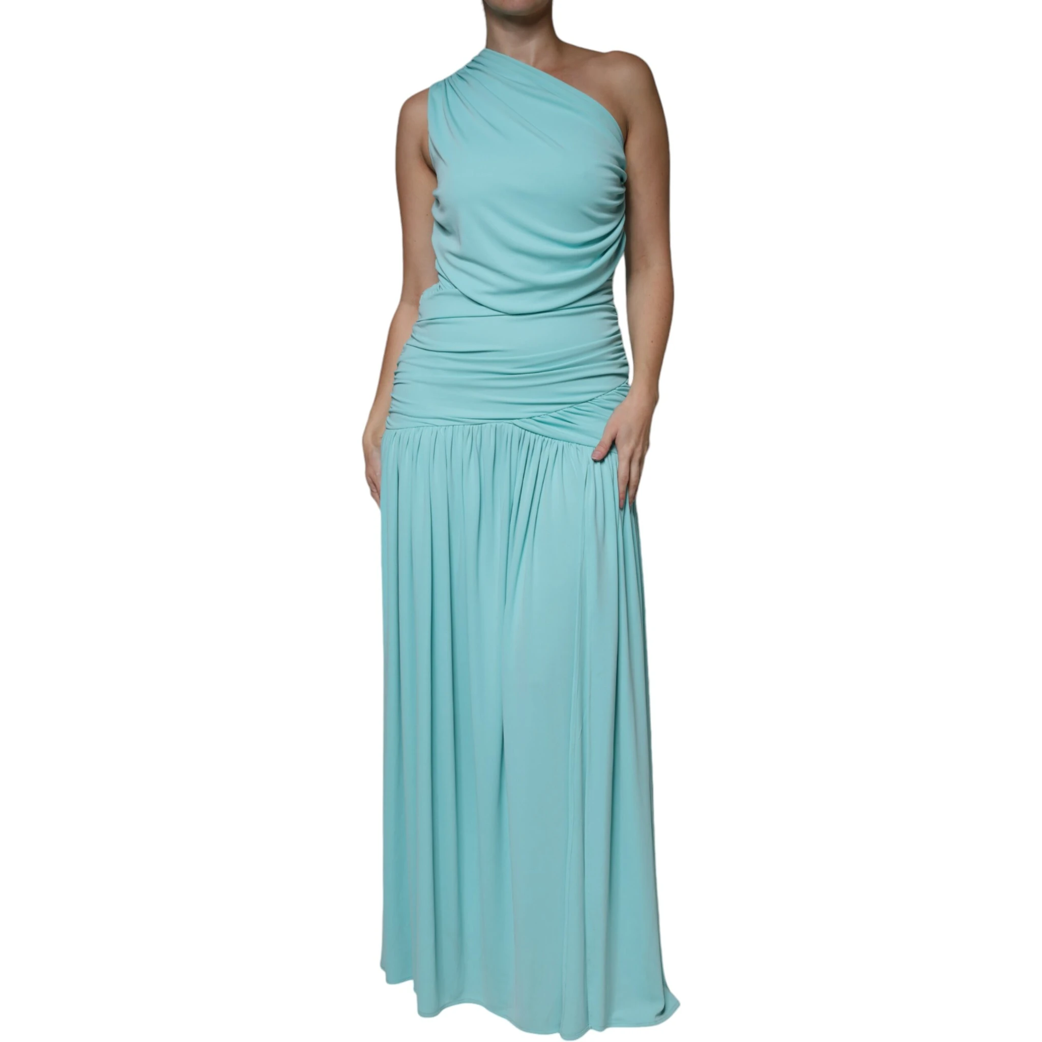Light Blue Jersey Long Drape One Shoulder Dress