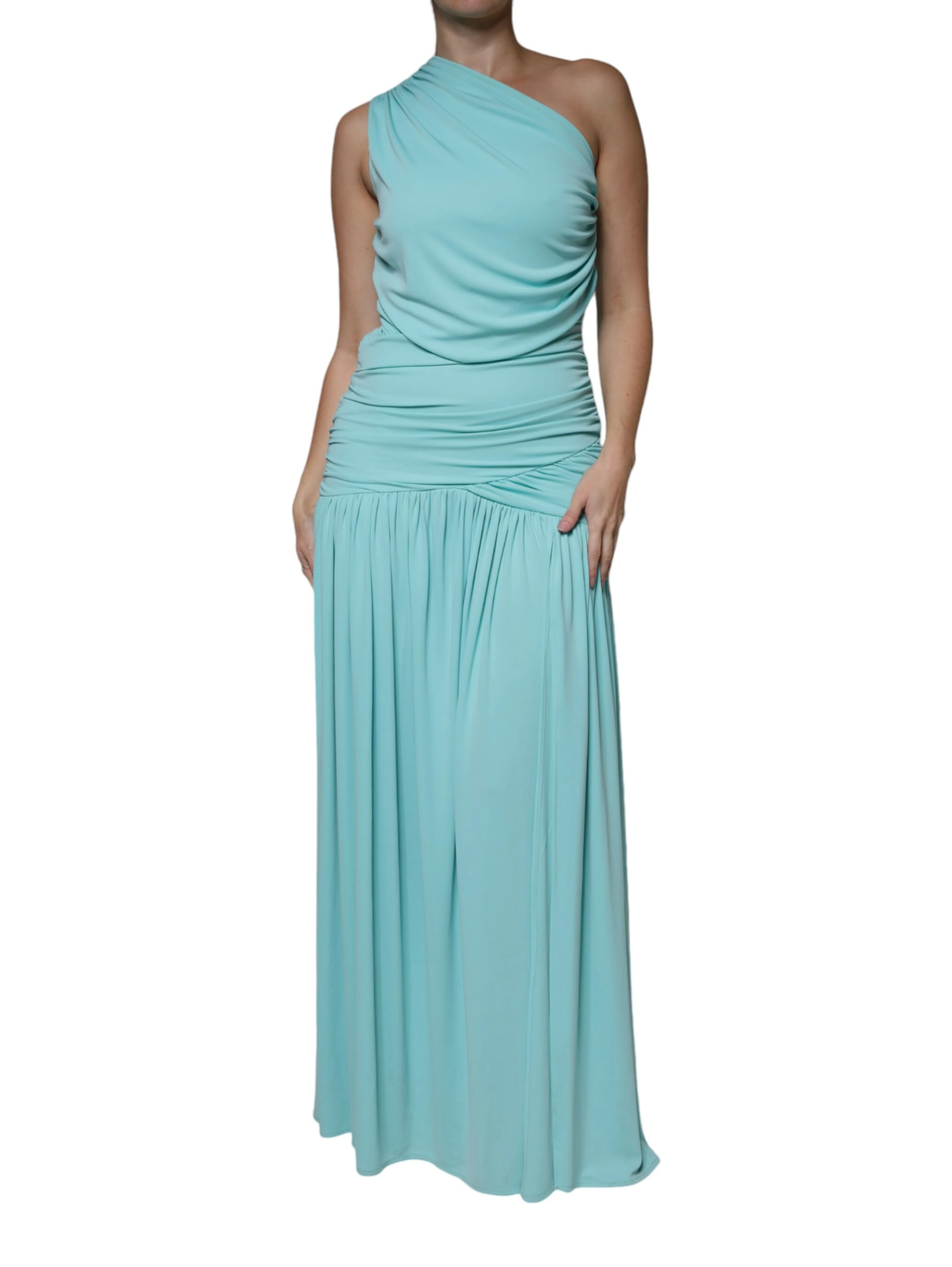 Light Blue Jersey Long Drape One Shoulder Dress