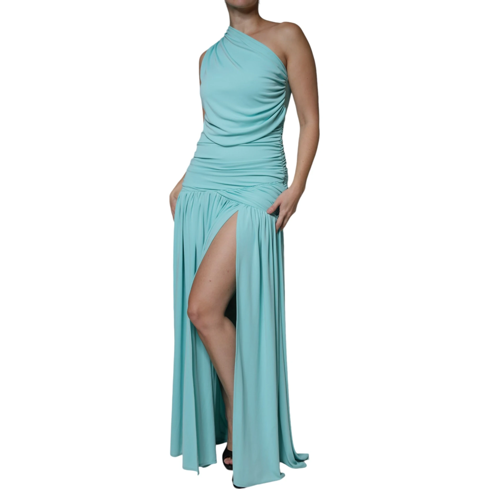 Light Blue Jersey Long Drape One Shoulder Dress