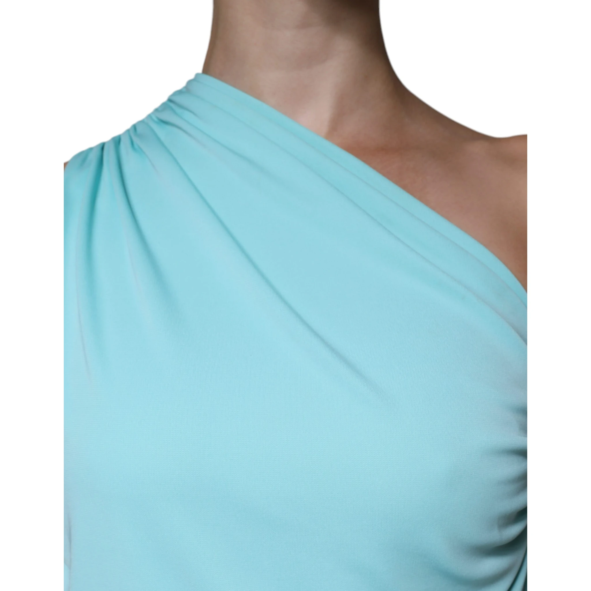 Light Blue Jersey Long Drape One Shoulder Dress