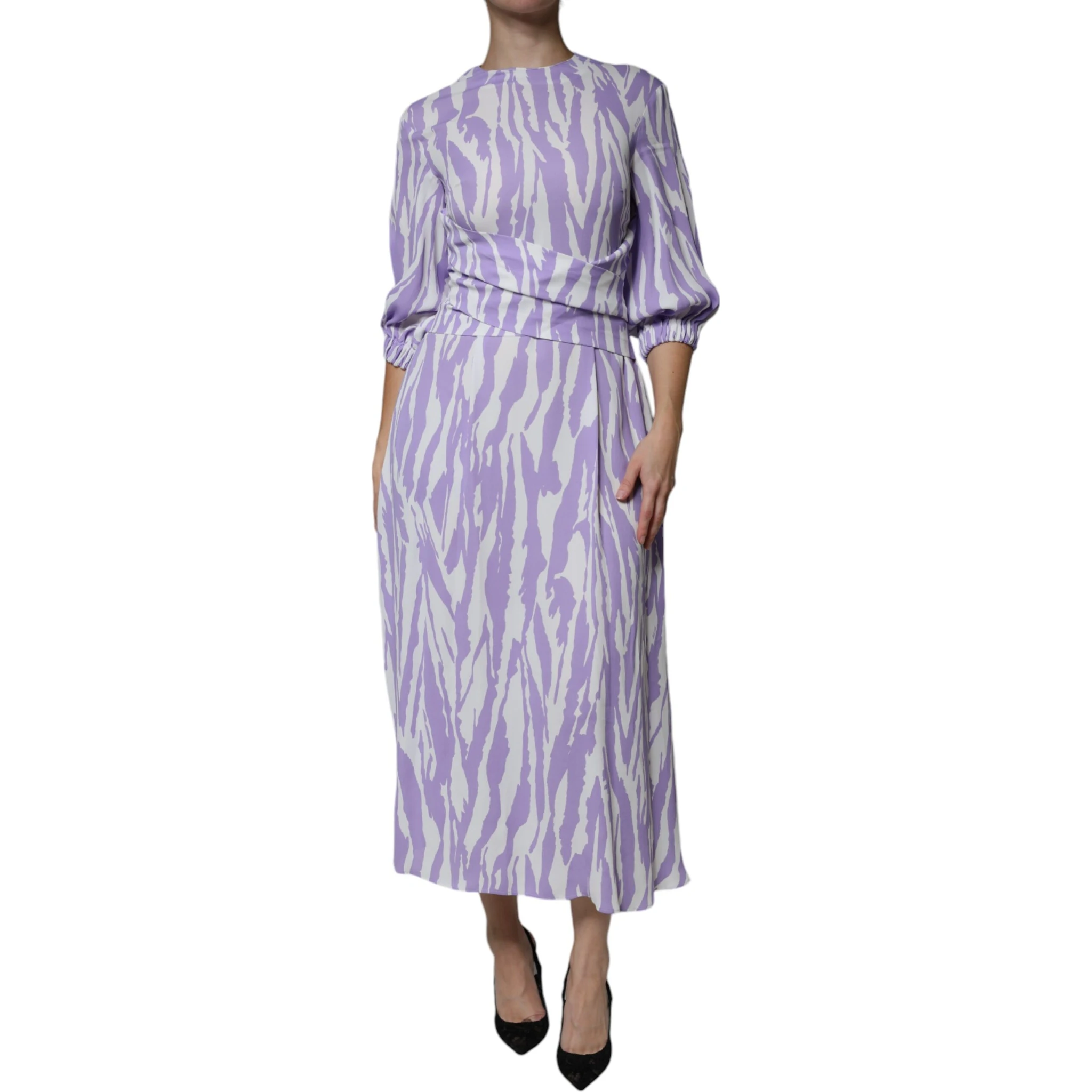White Purple Patterned Viscose Short Sleeves Maxi Dress