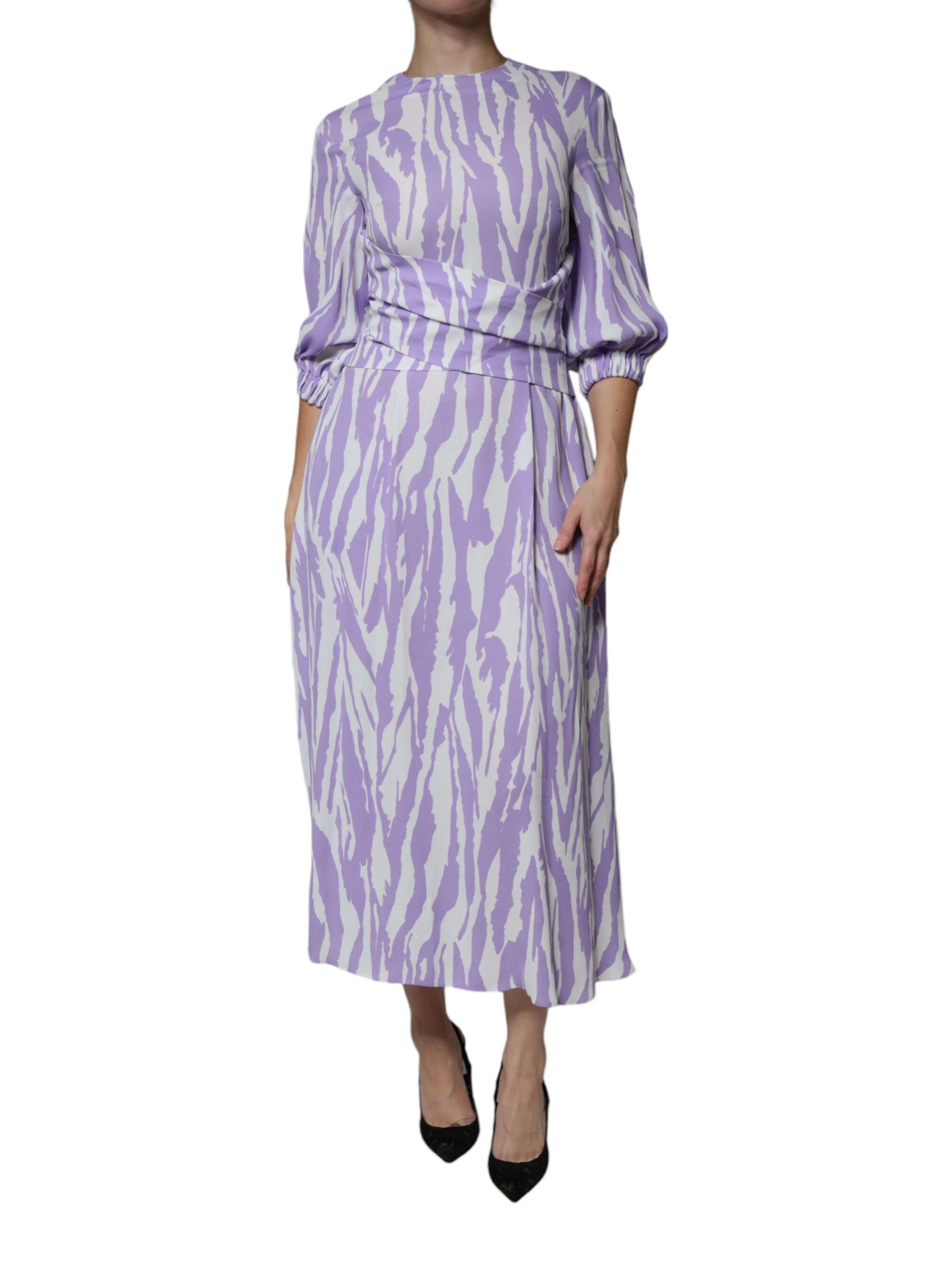 White Purple Patterned Viscose Short Sleeves Maxi Dress
