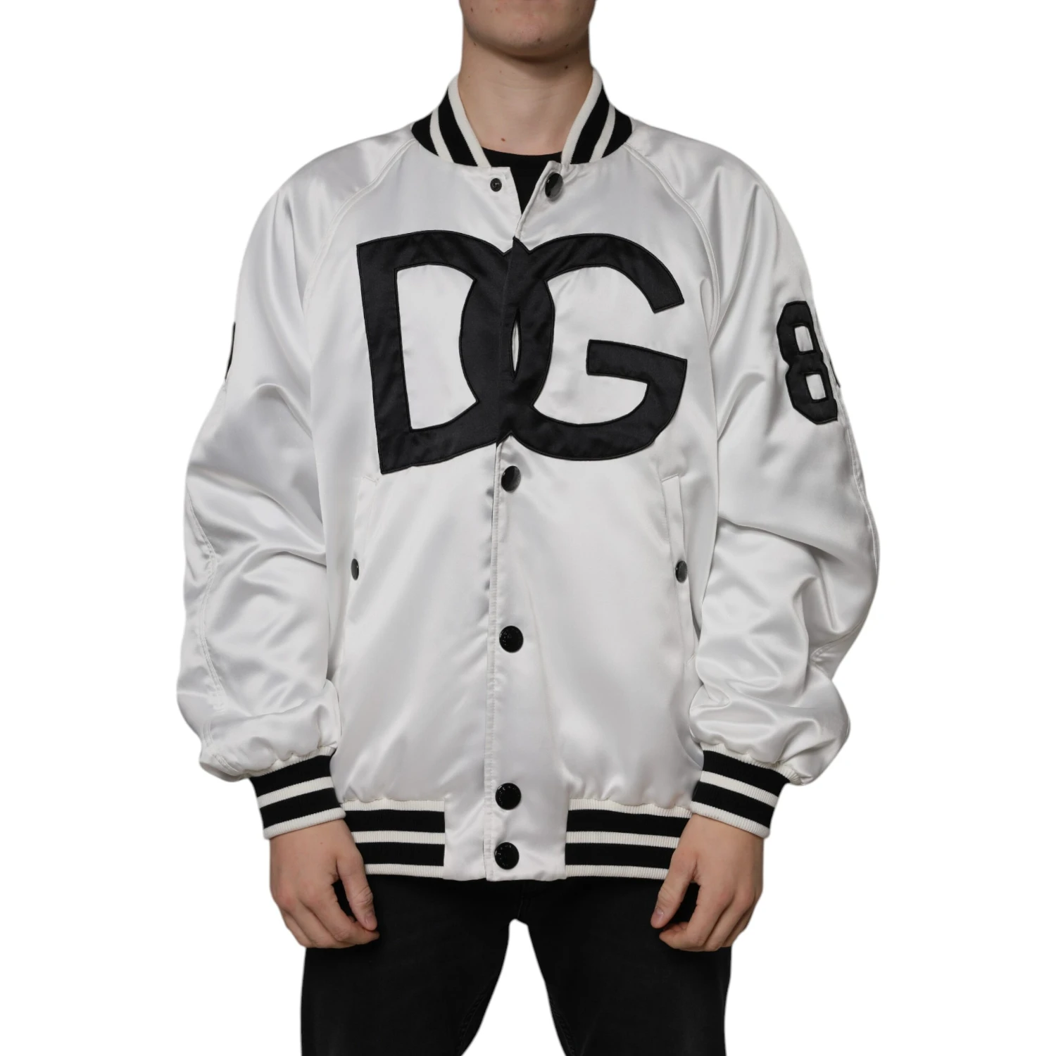 White Polyester Logo Full Zip Bomber Jacket