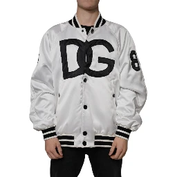White Polyester Logo Full Zip Bomber Jacket