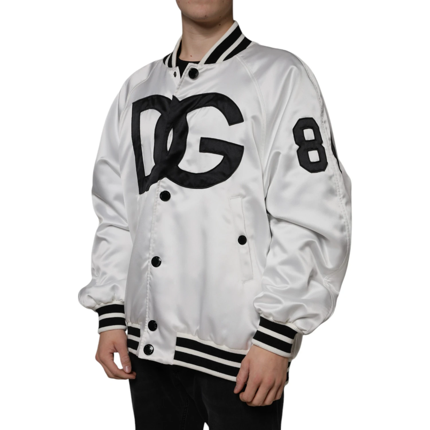 White Polyester Logo Full Zip Bomber Jacket
