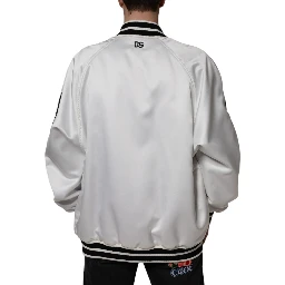 White Polyester Logo Full Zip Bomber Jacket