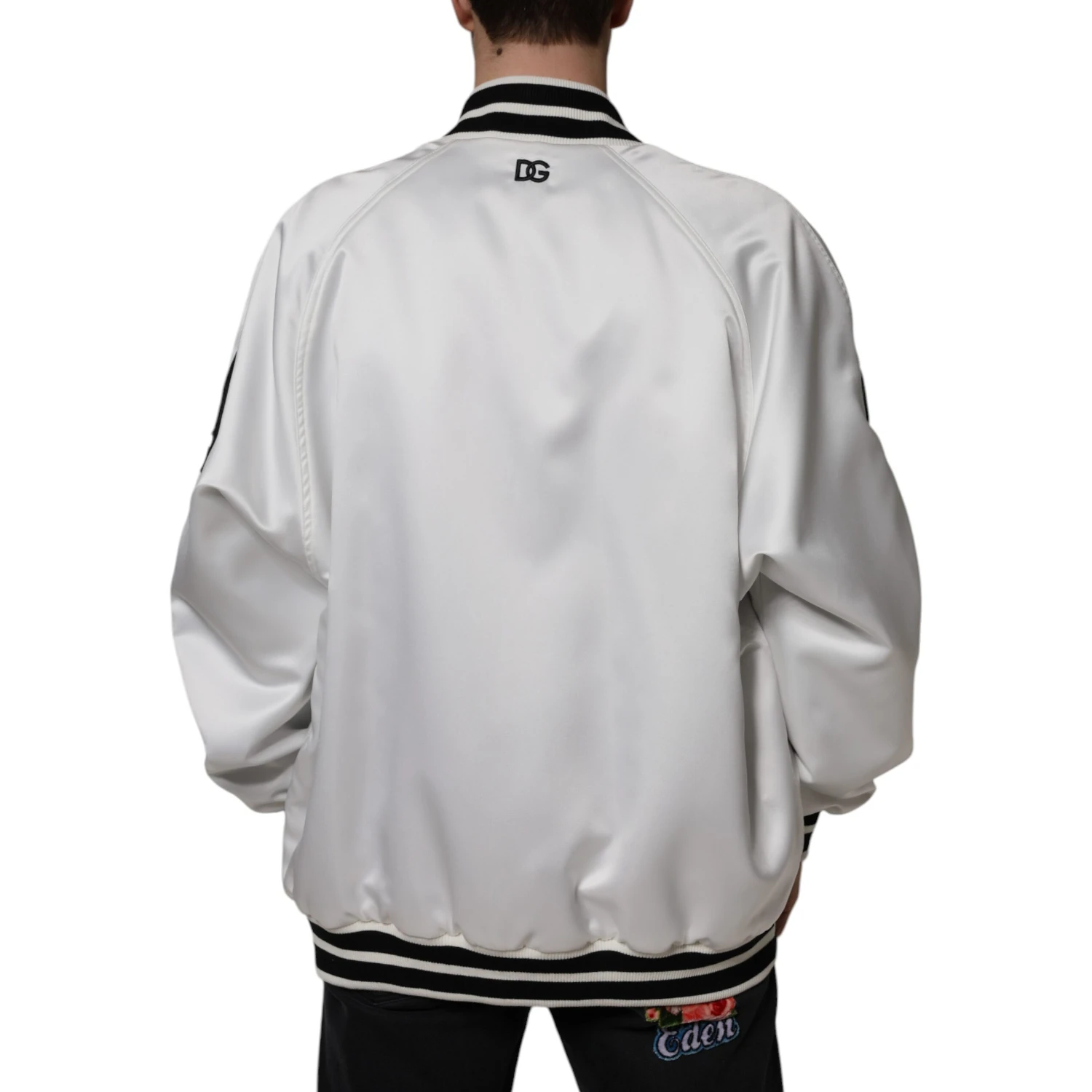 White Polyester Logo Full Zip Bomber Jacket