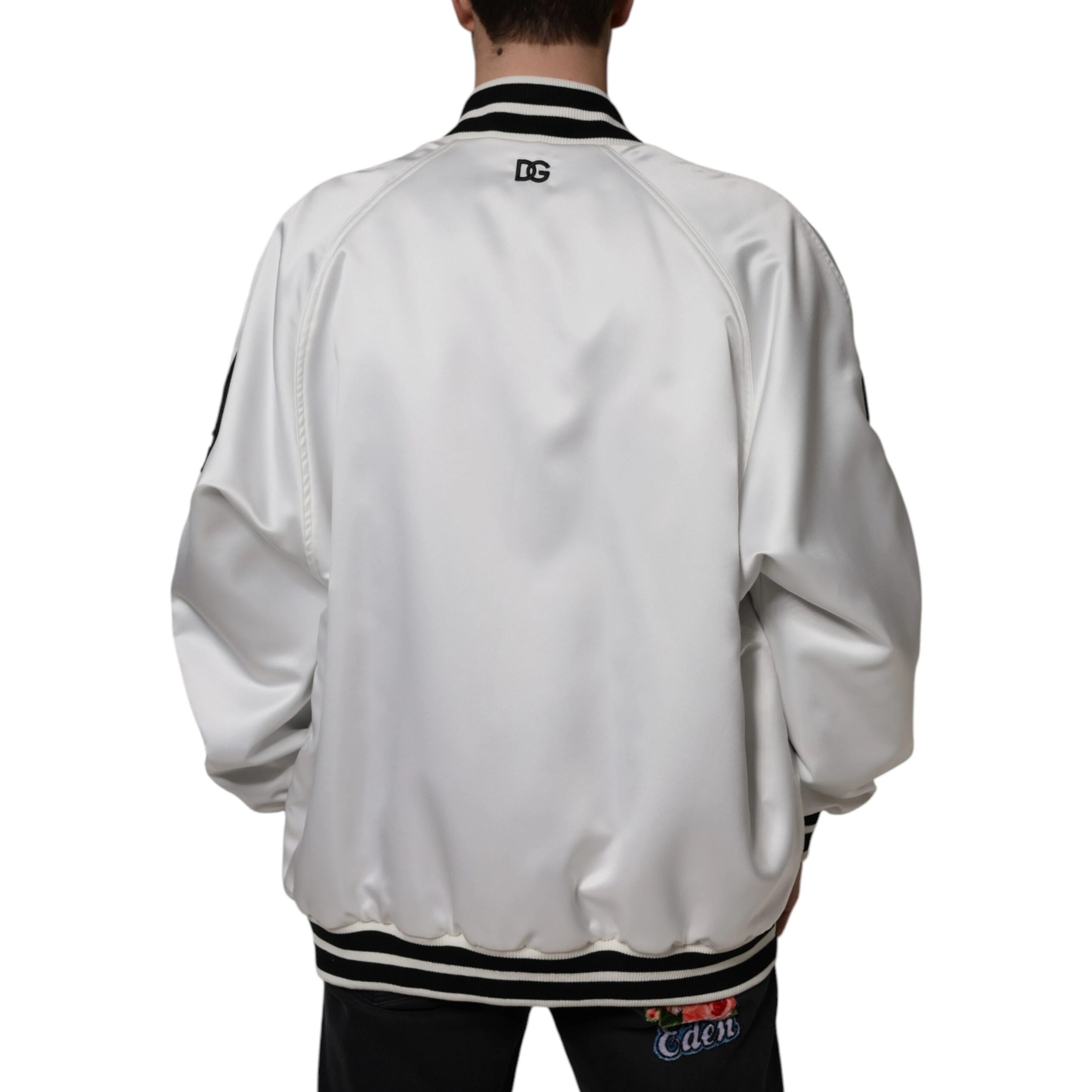 White Polyester Logo Full Zip Bomber Jacket
