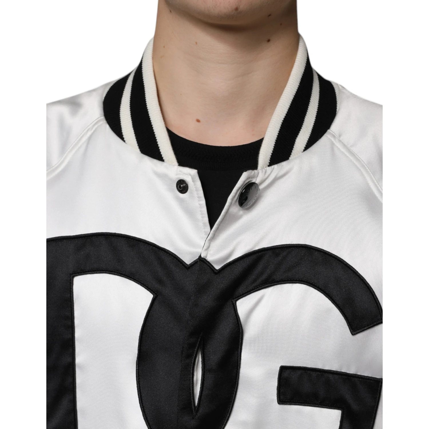 White Polyester Logo Full Zip Bomber Jacket
