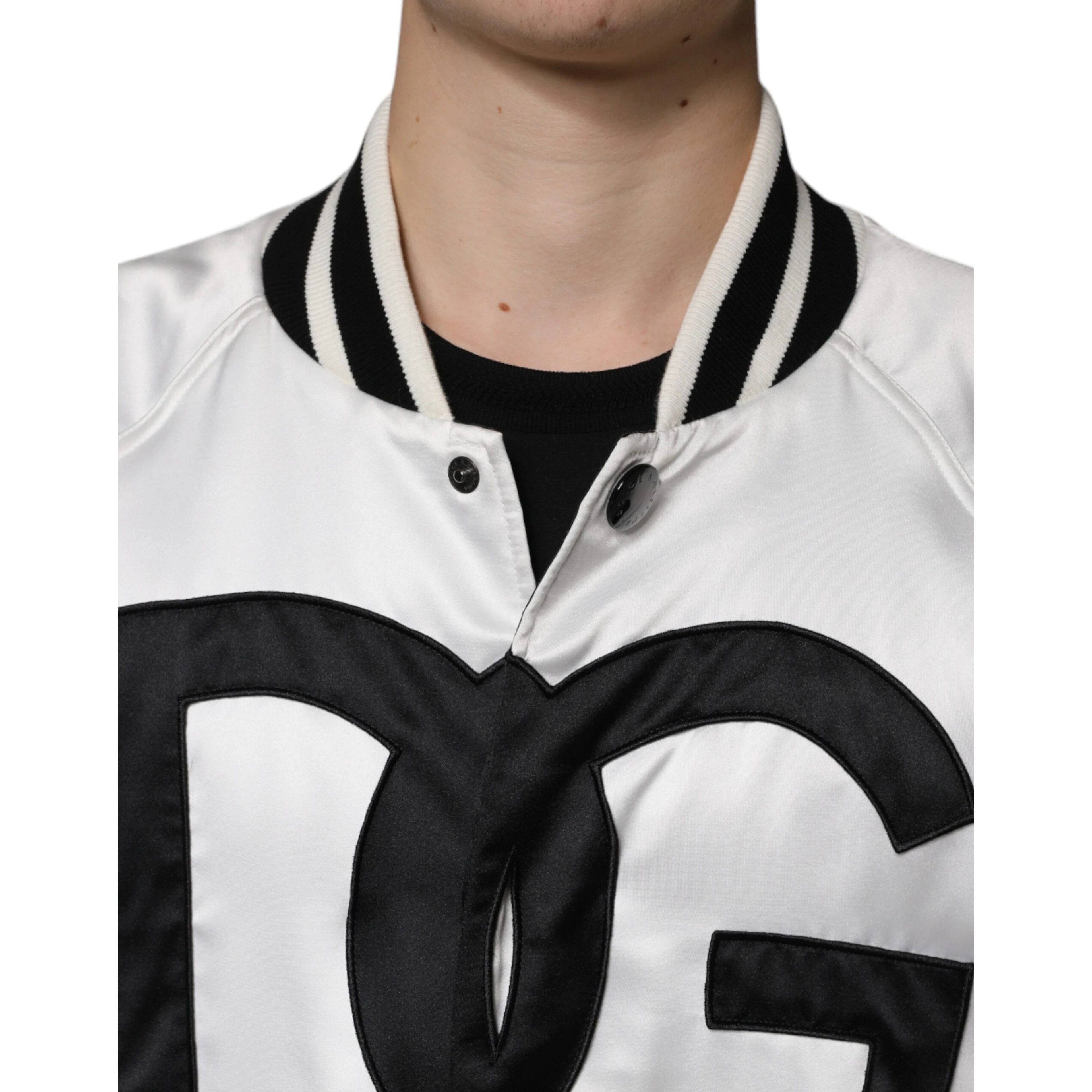 White Polyester Logo Full Zip Bomber Jacket