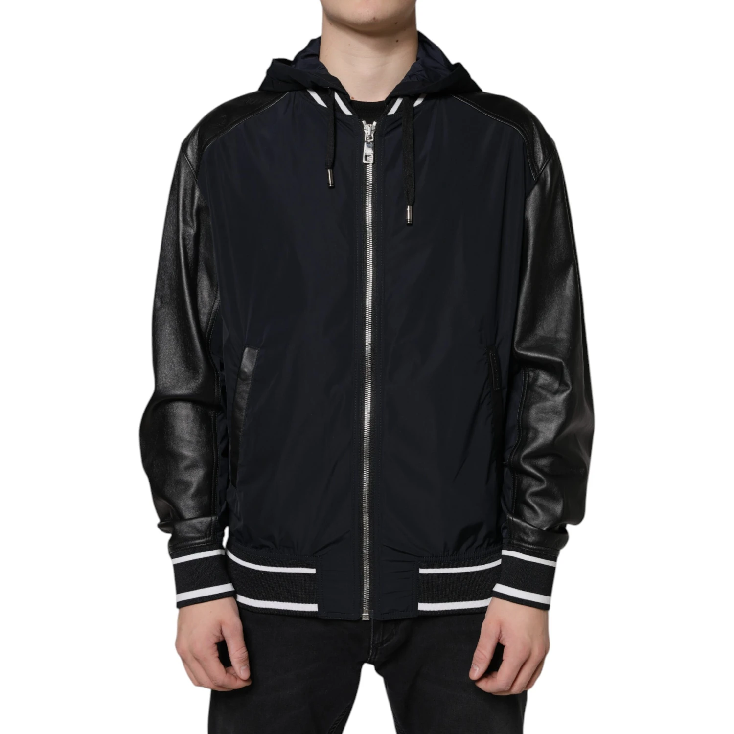 Black Hooded Full Zip Men Bomber Jacket