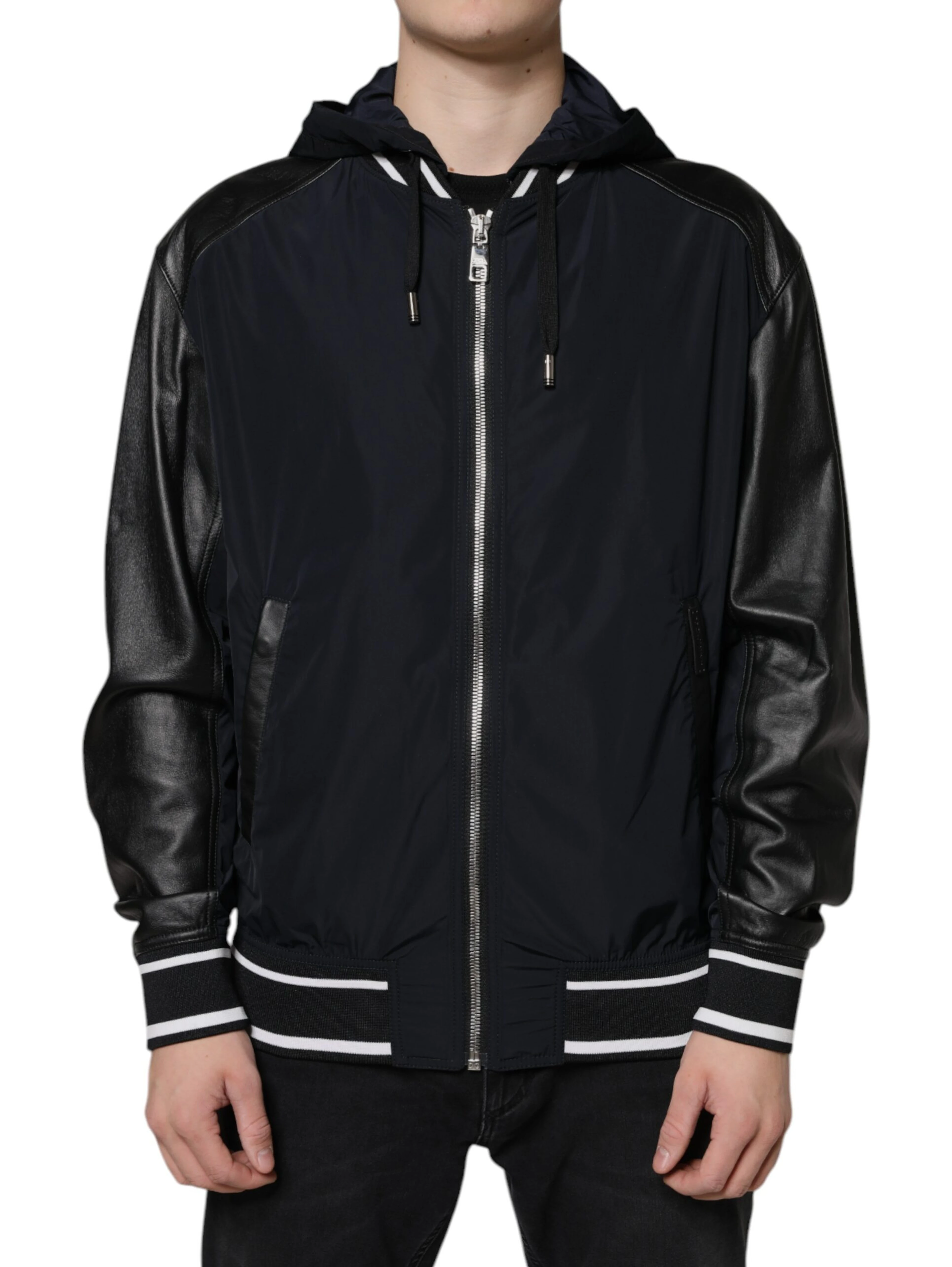 Black Hooded Full Zip Men Bomber Jacket