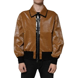 Brown Leather Full Zip Men Bomber Jacket