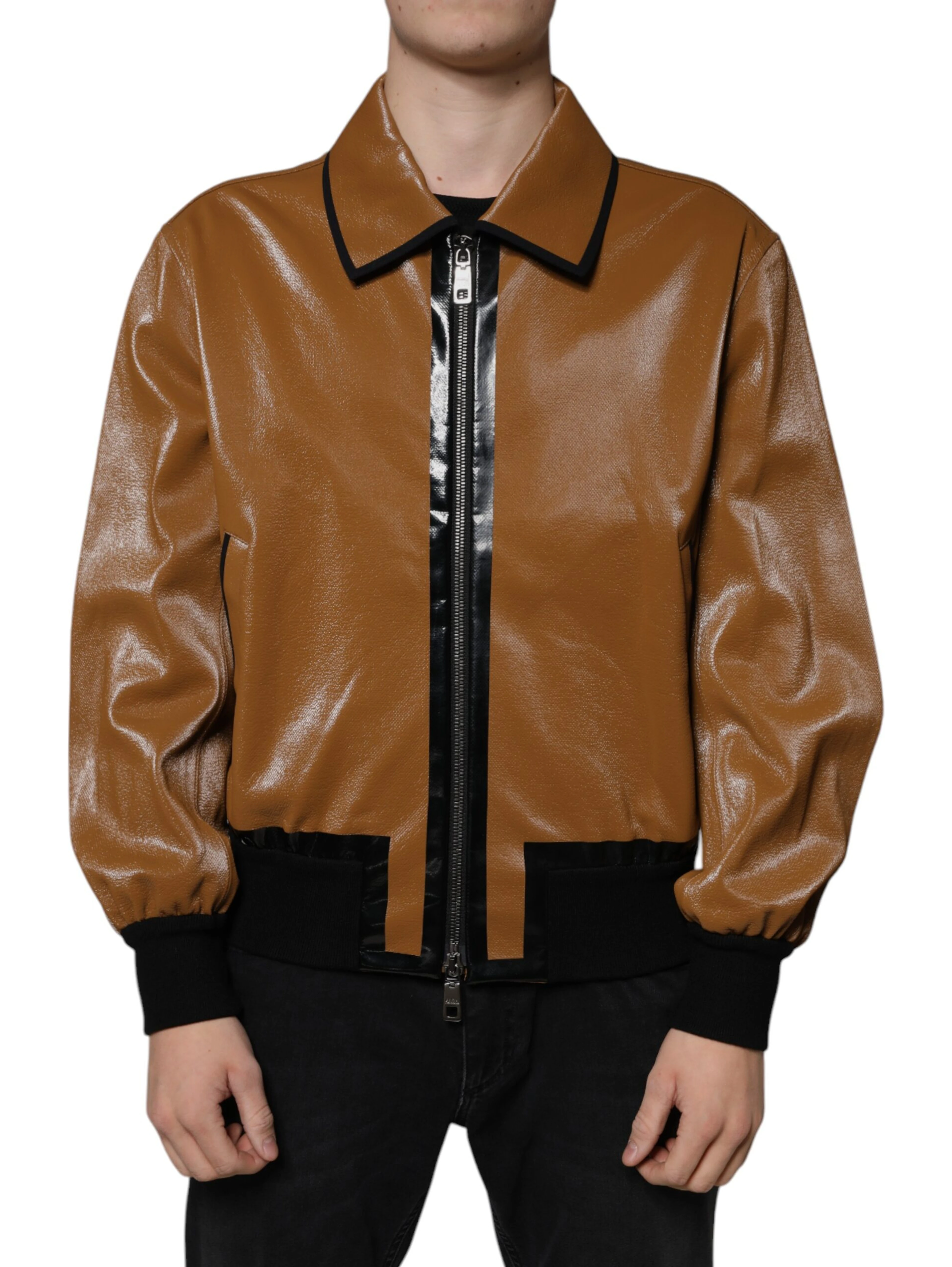 Brown Leather Full Zip Men Bomber Jacket
