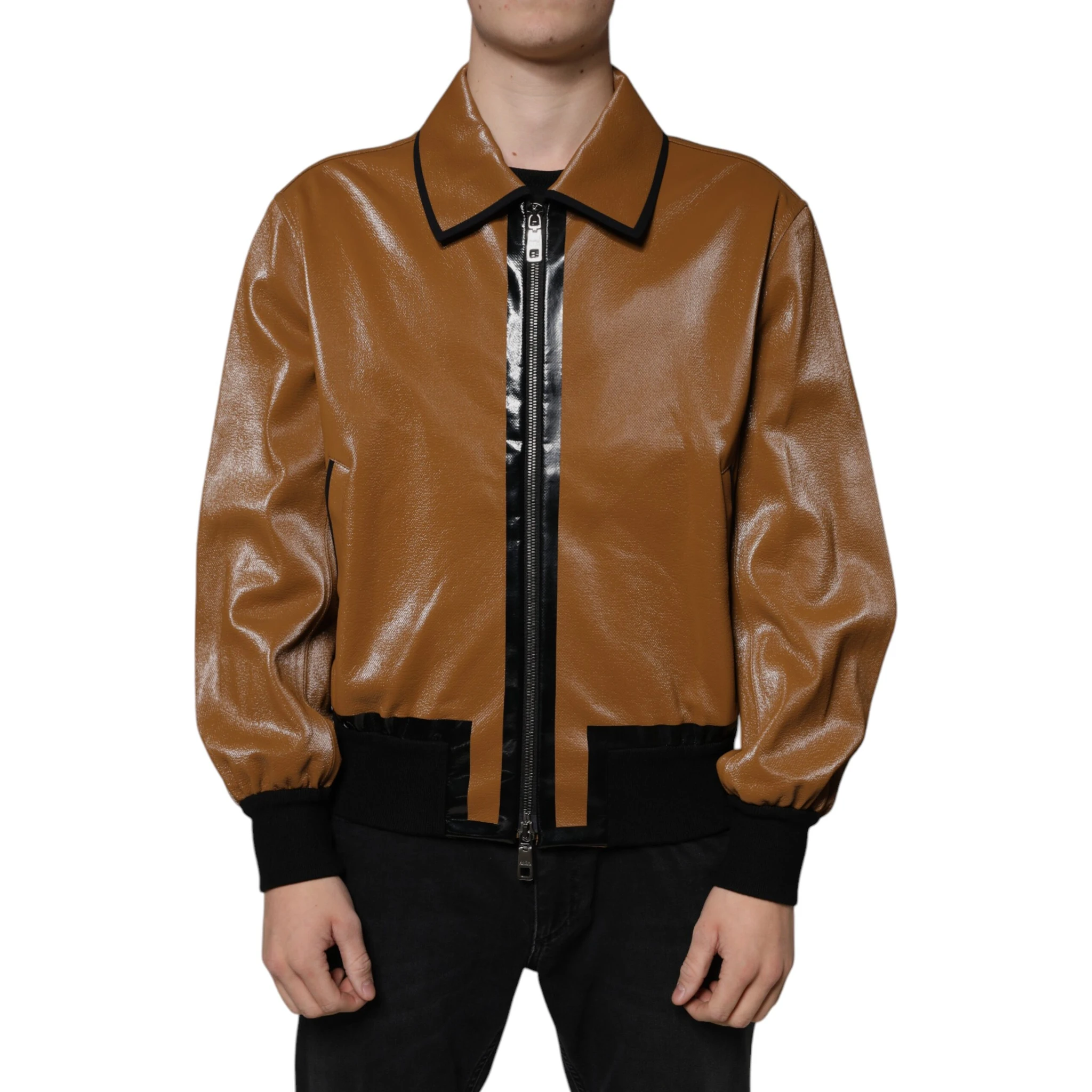 Brown Leather Full Zip Men Bomber Jacket