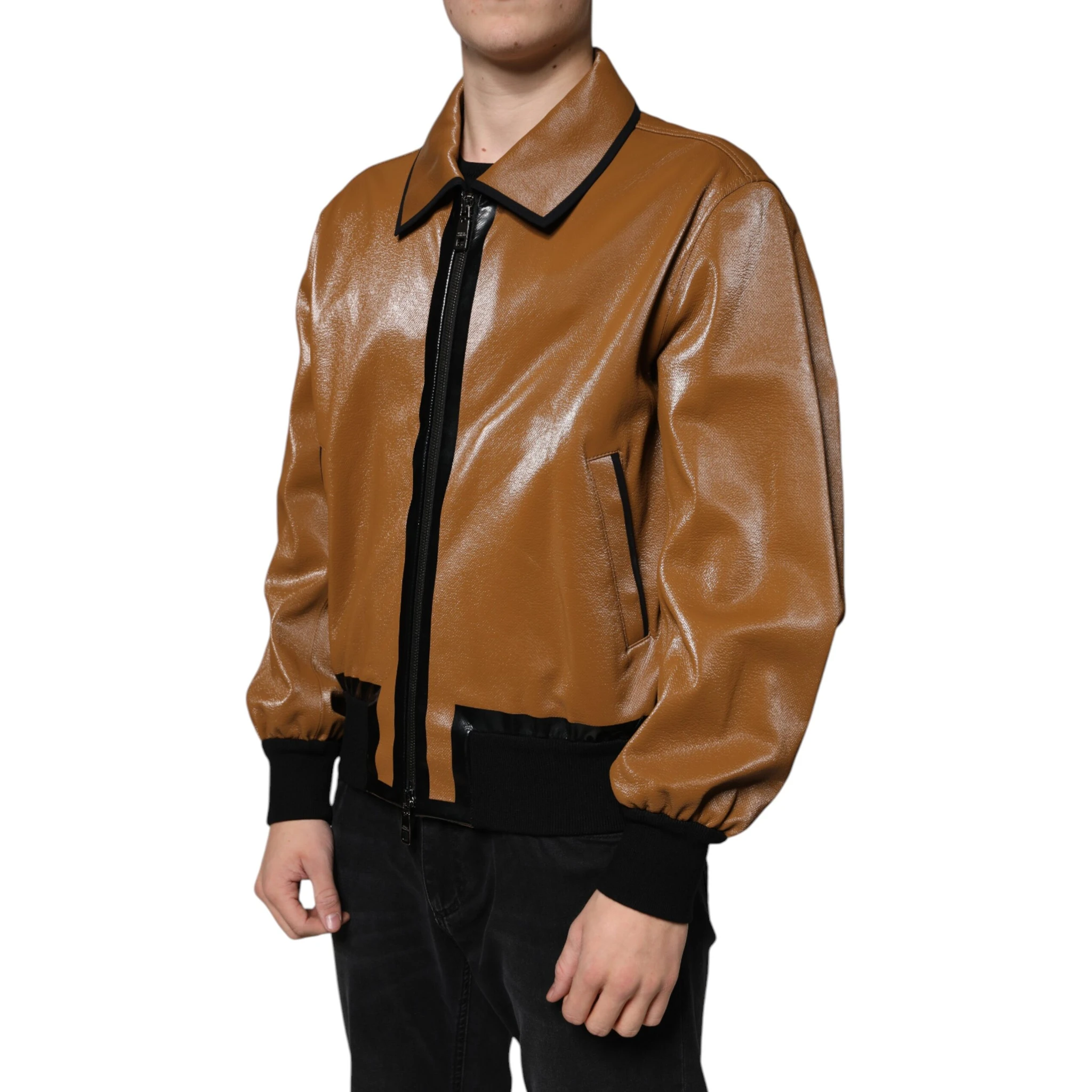 Brown Leather Full Zip Men Bomber Jacket