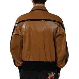 Brown Leather Full Zip Men Bomber Jacket