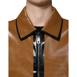 Brown Leather Full Zip Men Bomber Jacket