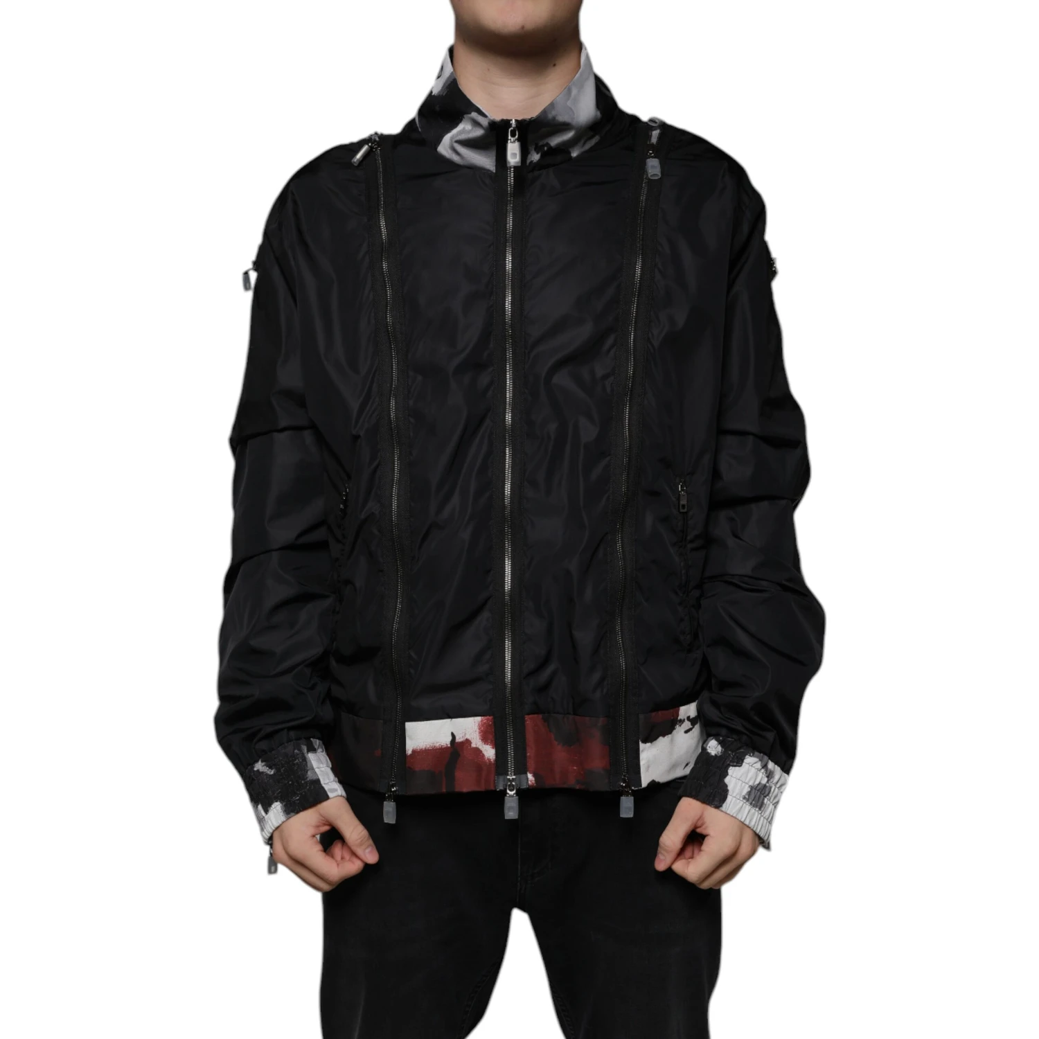 Black Nylon Full Zip Men Bomber Jacket
