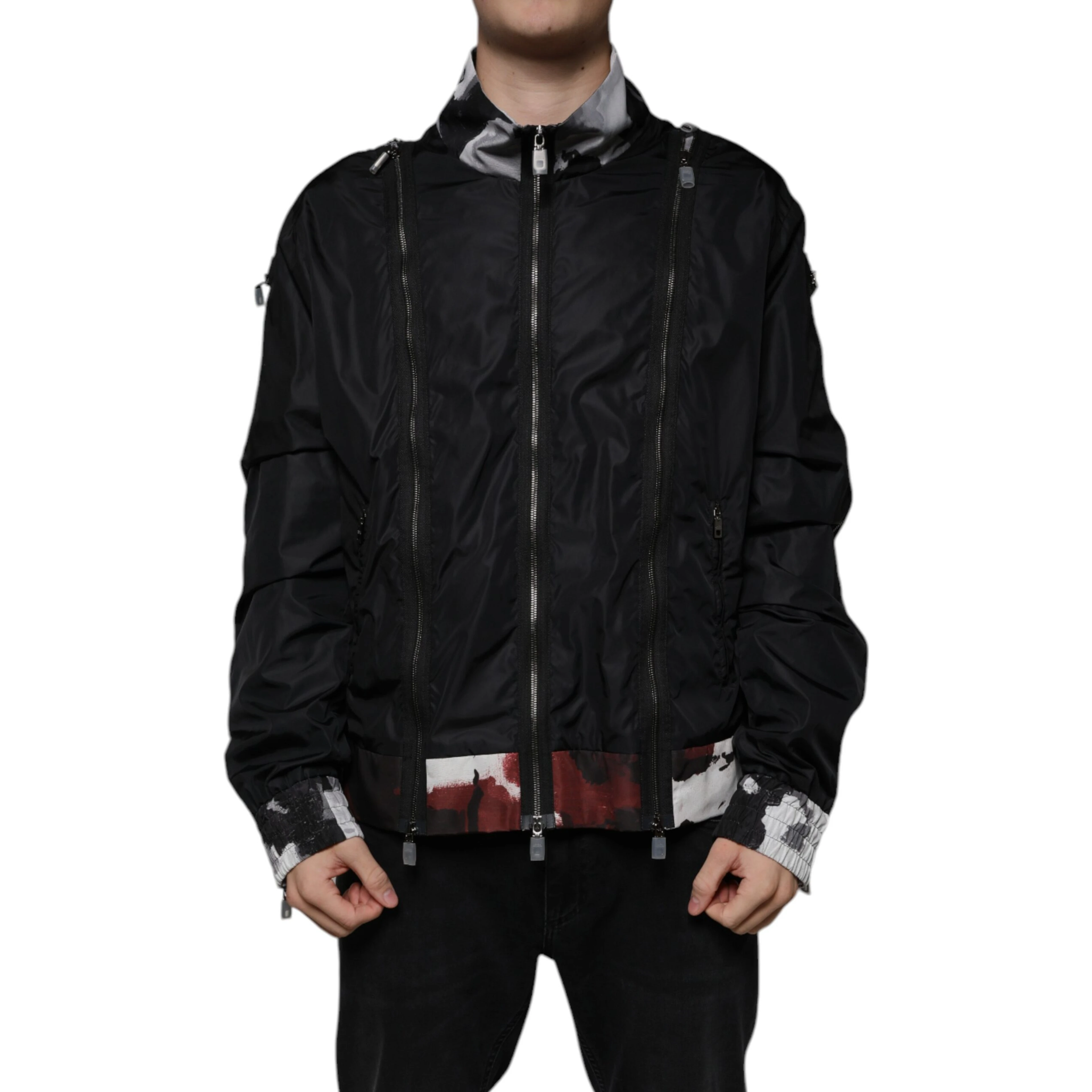Black Nylon Full Zip Men Bomber Jacket