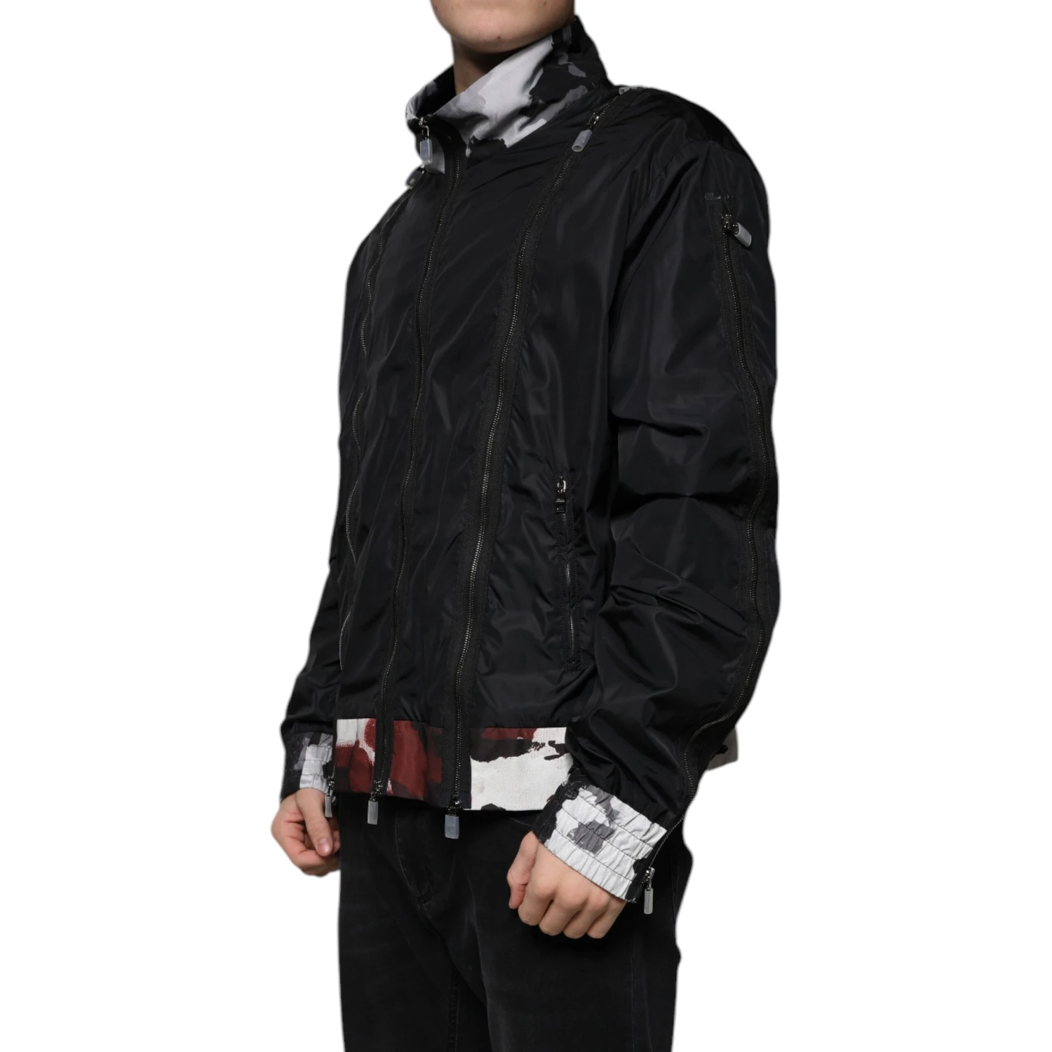 Black Nylon Full Zip Men Bomber Jacket