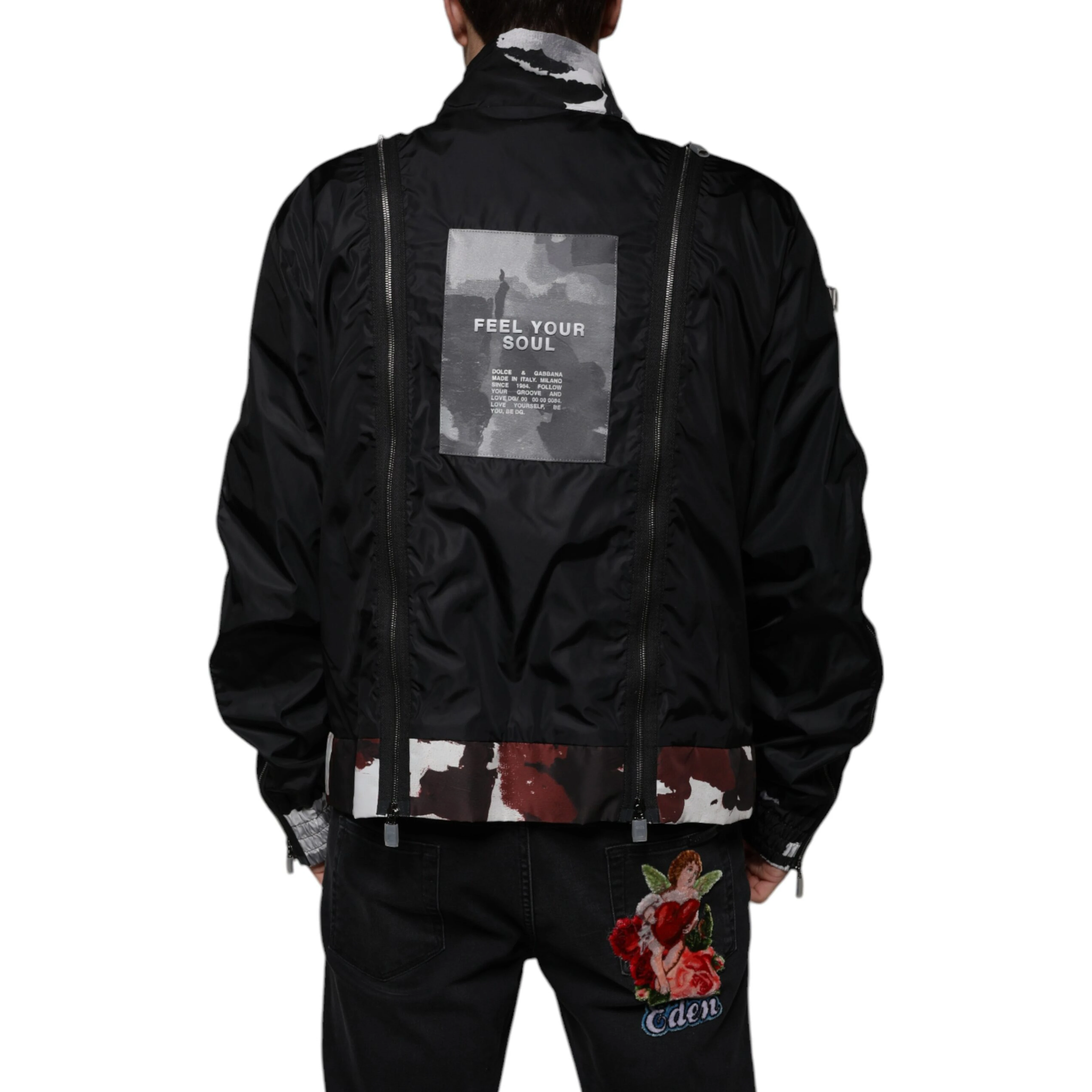 Black Nylon Full Zip Men Bomber Jacket