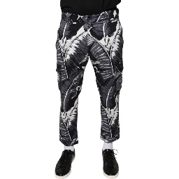 Gray Banana Leaf Cotton Stretch Capri Pants