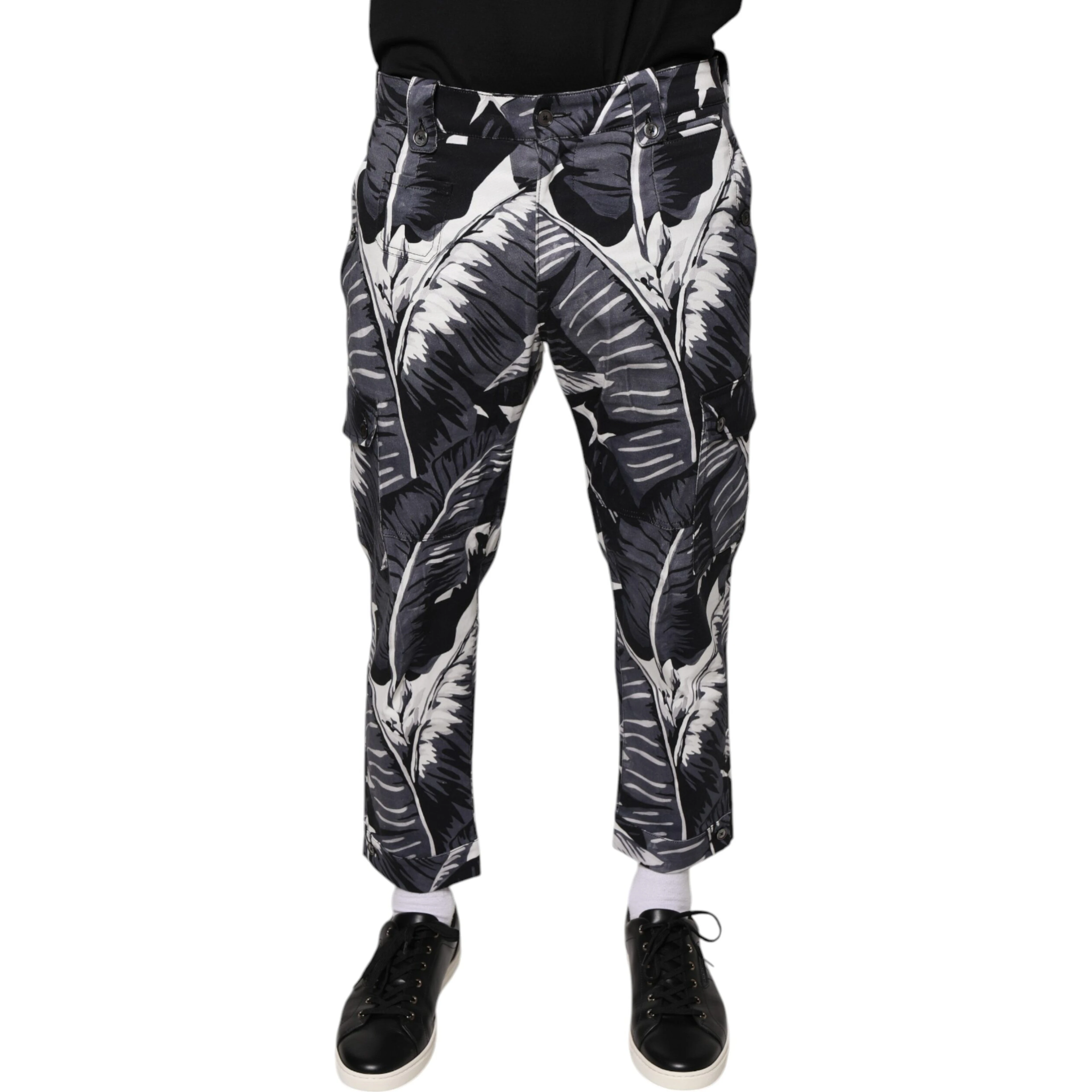 Gray Banana Leaf Cotton Stretch Capri Pants