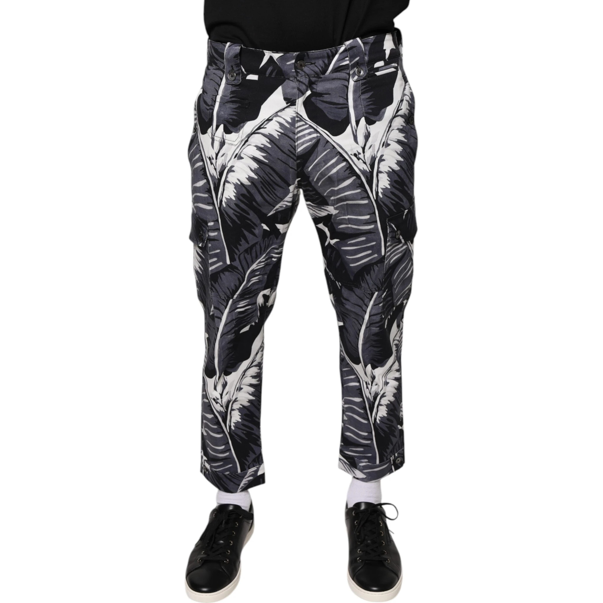 Gray Banana Leaf Cotton Stretch Capri Pants