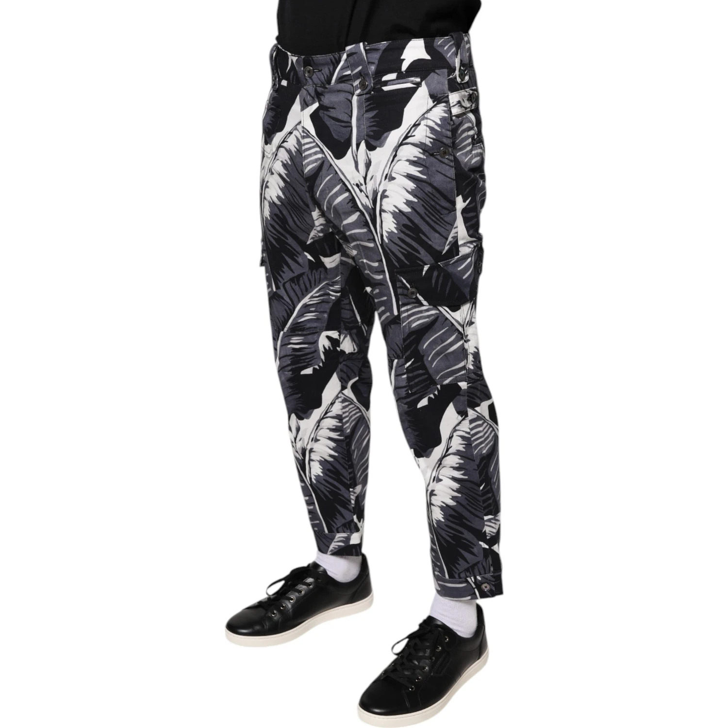 Gray Banana Leaf Cotton Stretch Capri Pants