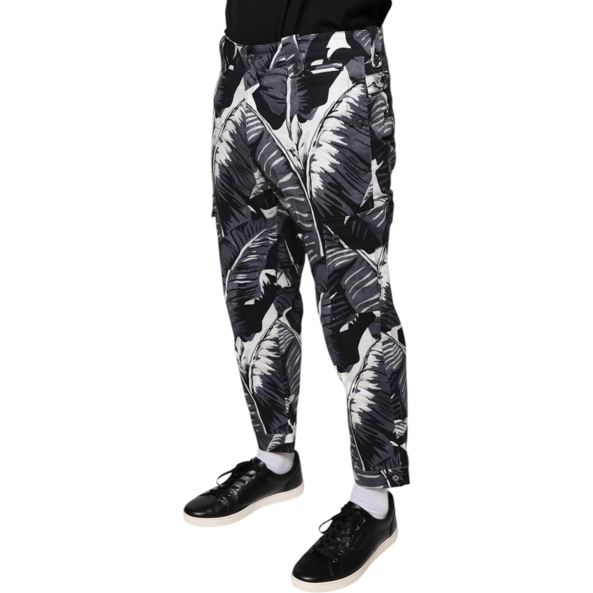 Gray Banana Leaf Cotton Stretch Capri Pants