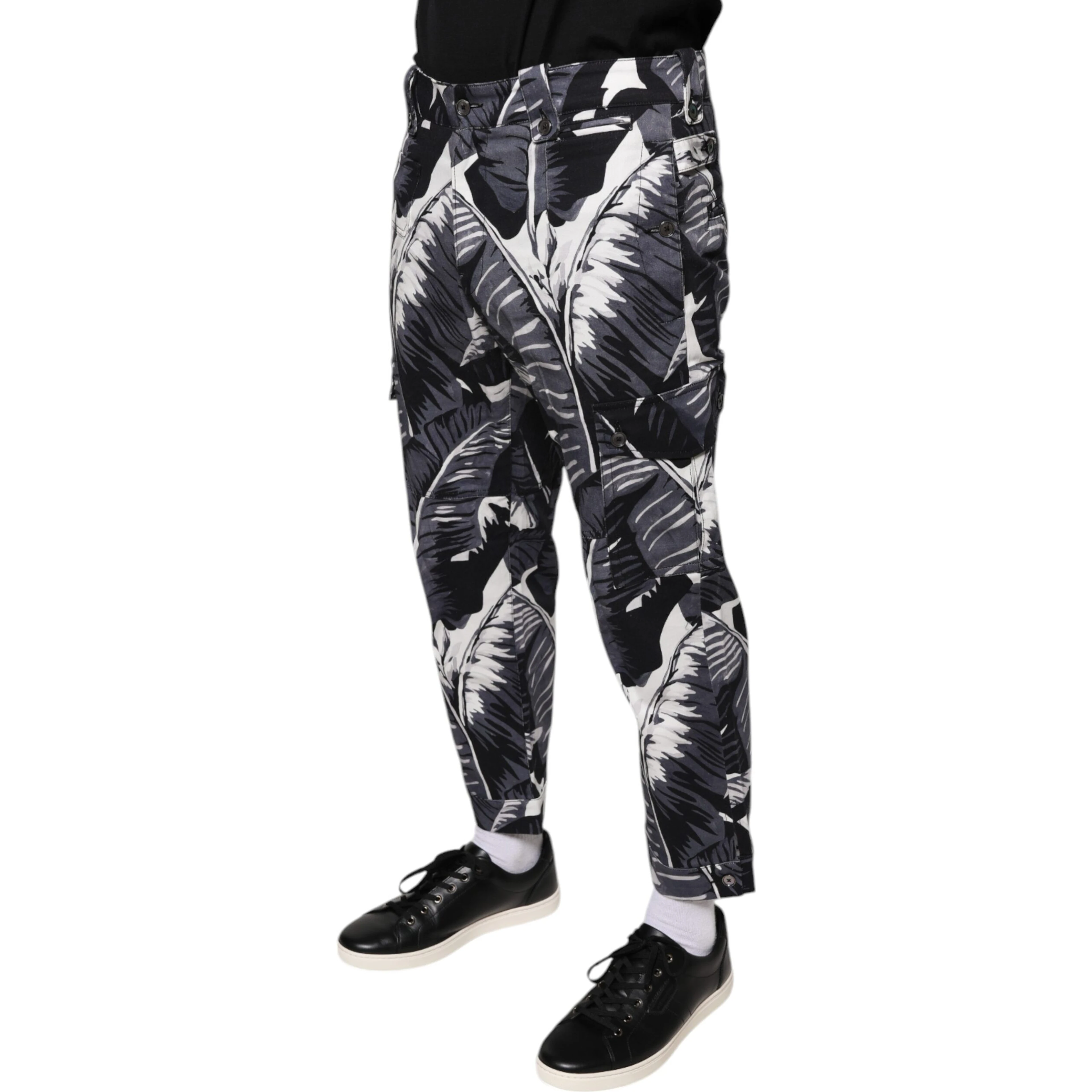 Gray Banana Leaf Cotton Stretch Capri Pants