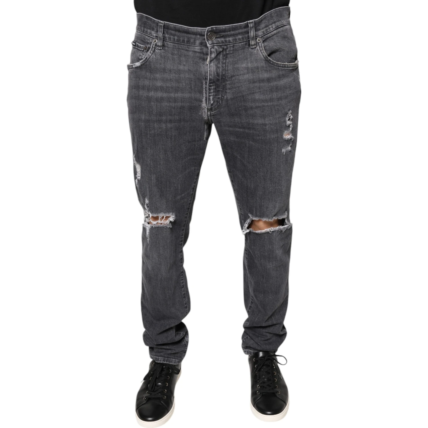 Dark Gray Tattered Cotton Skinny Denim Jeans