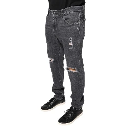 Dark Gray Tattered Cotton Skinny Denim Jeans