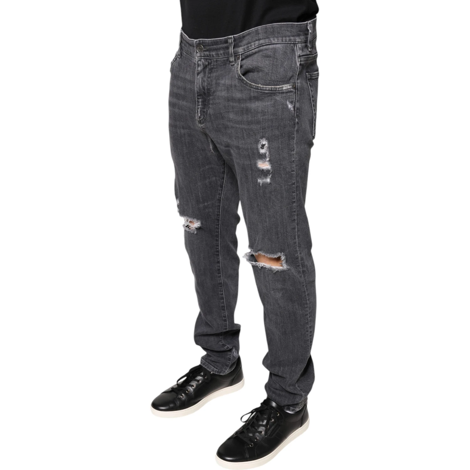 Dark Gray Tattered Cotton Skinny Denim Jeans
