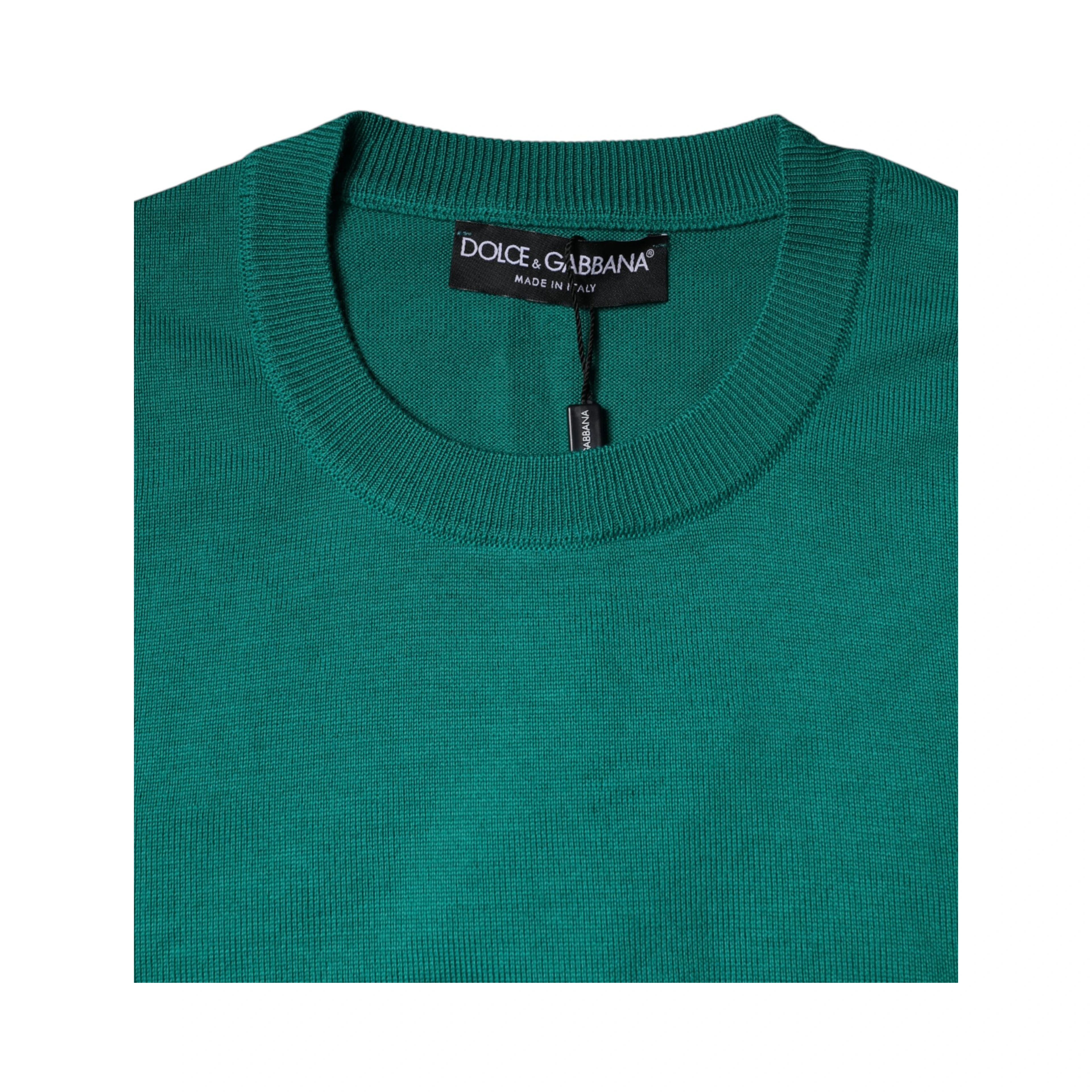 Green Wool Knit Crew Neck Pullover Sweater