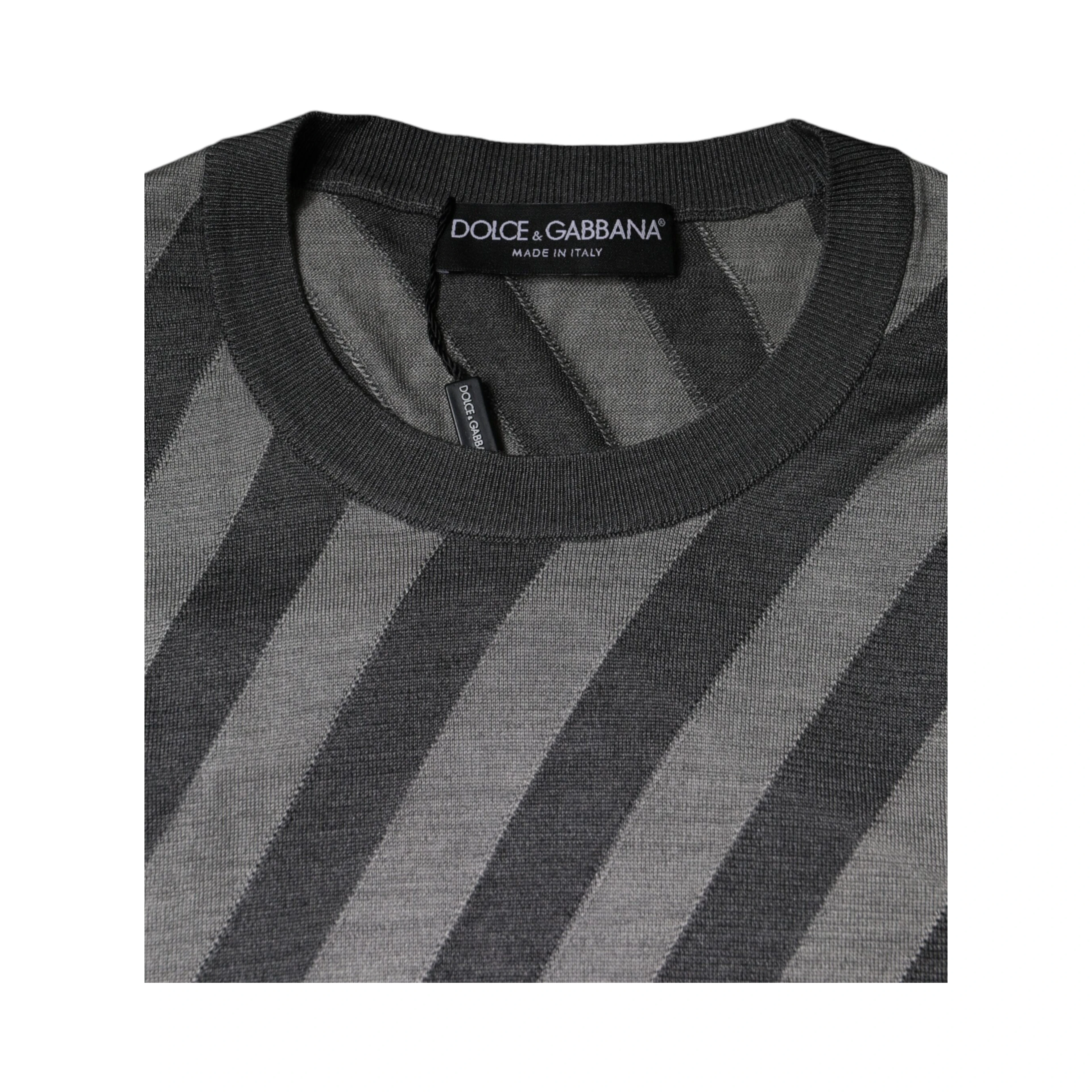 Gray Stripes Long Sleeve Round Neck Pullover Sweater