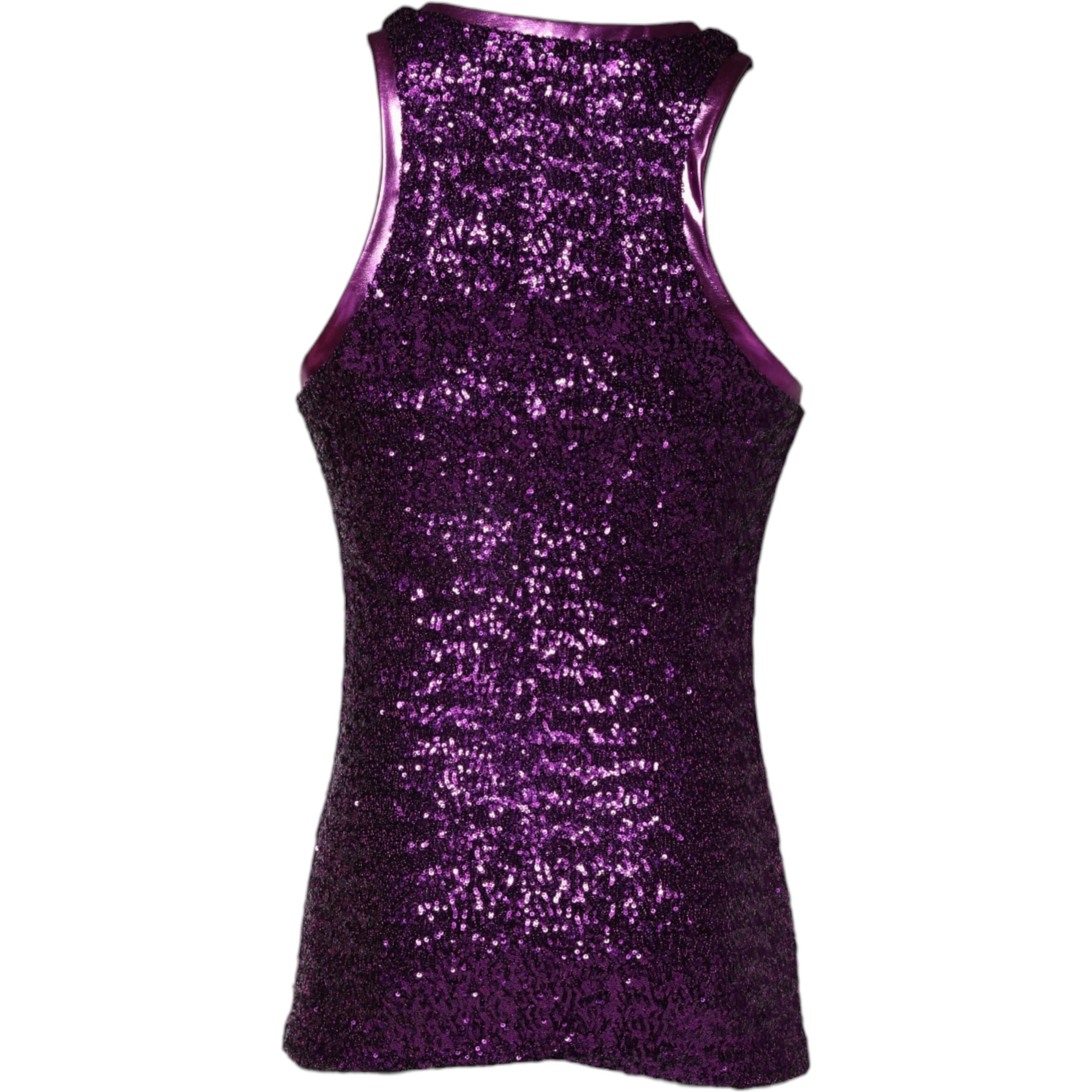 Purple Sequin Round Neck Sleeveless T-shirt