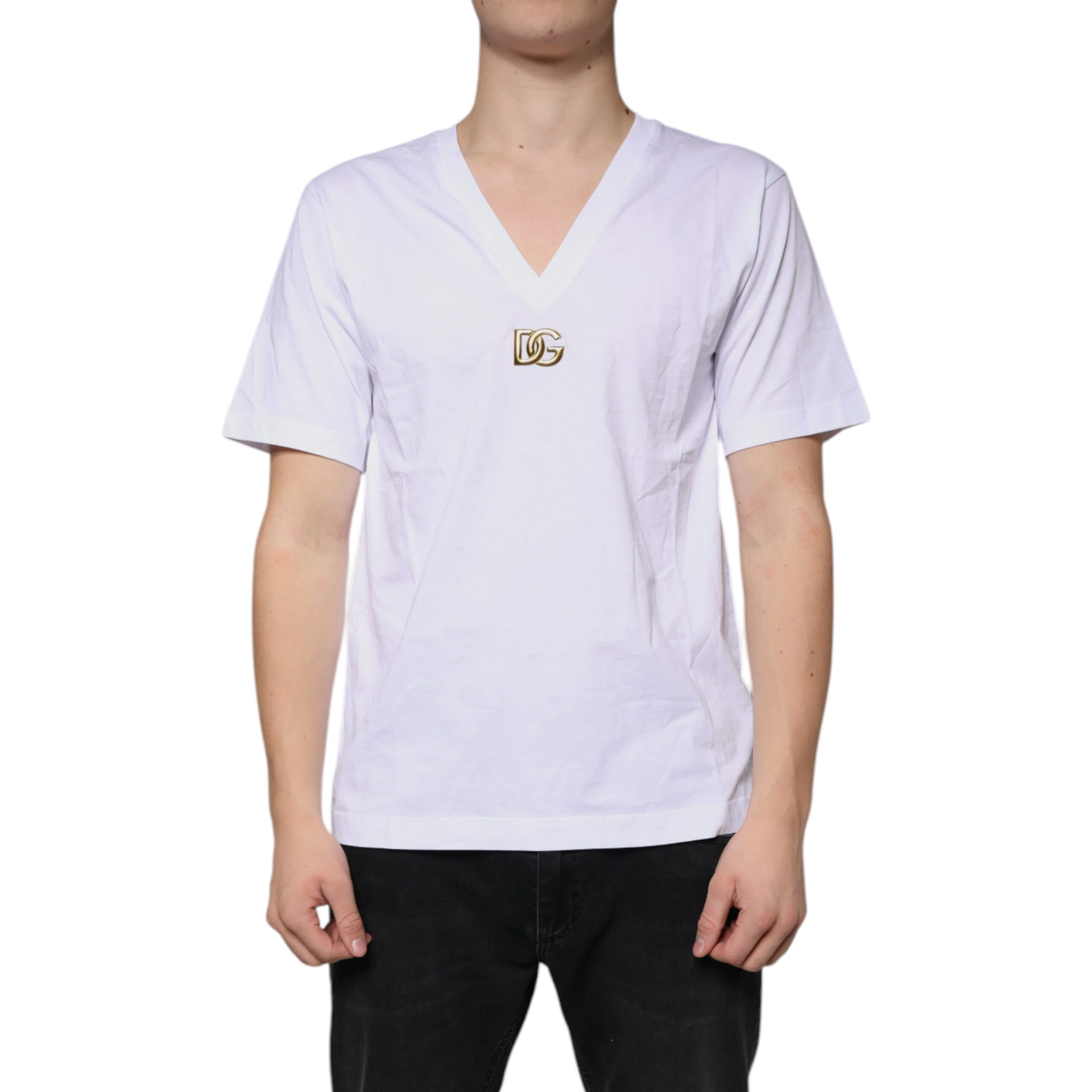 White Logo Cotton Vneck Short Sleeve T-shirt
