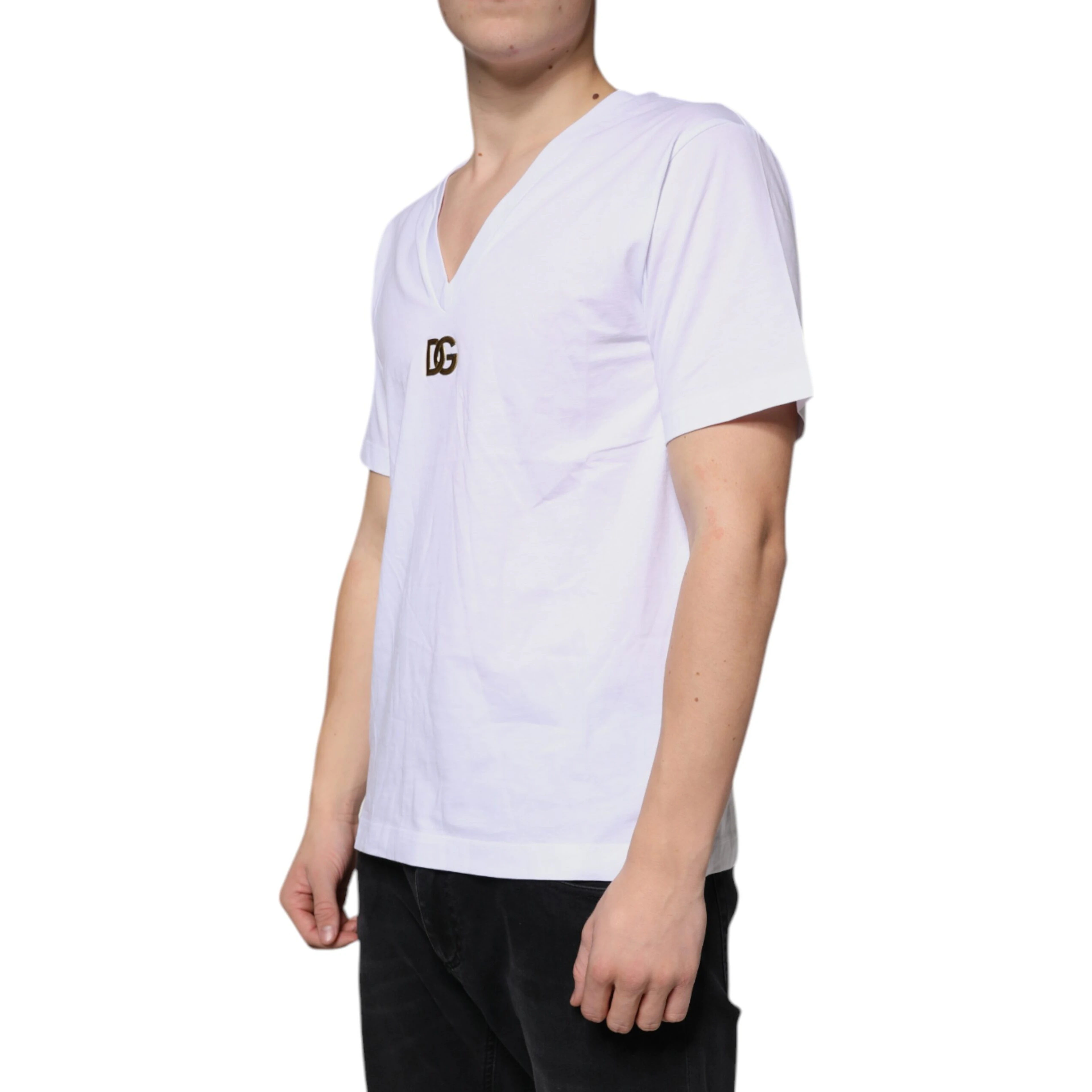 White Logo Cotton Vneck Short Sleeve T-shirt