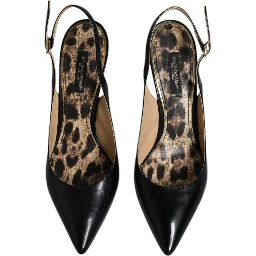 Black Leather High Heels Slingbacks Shoes