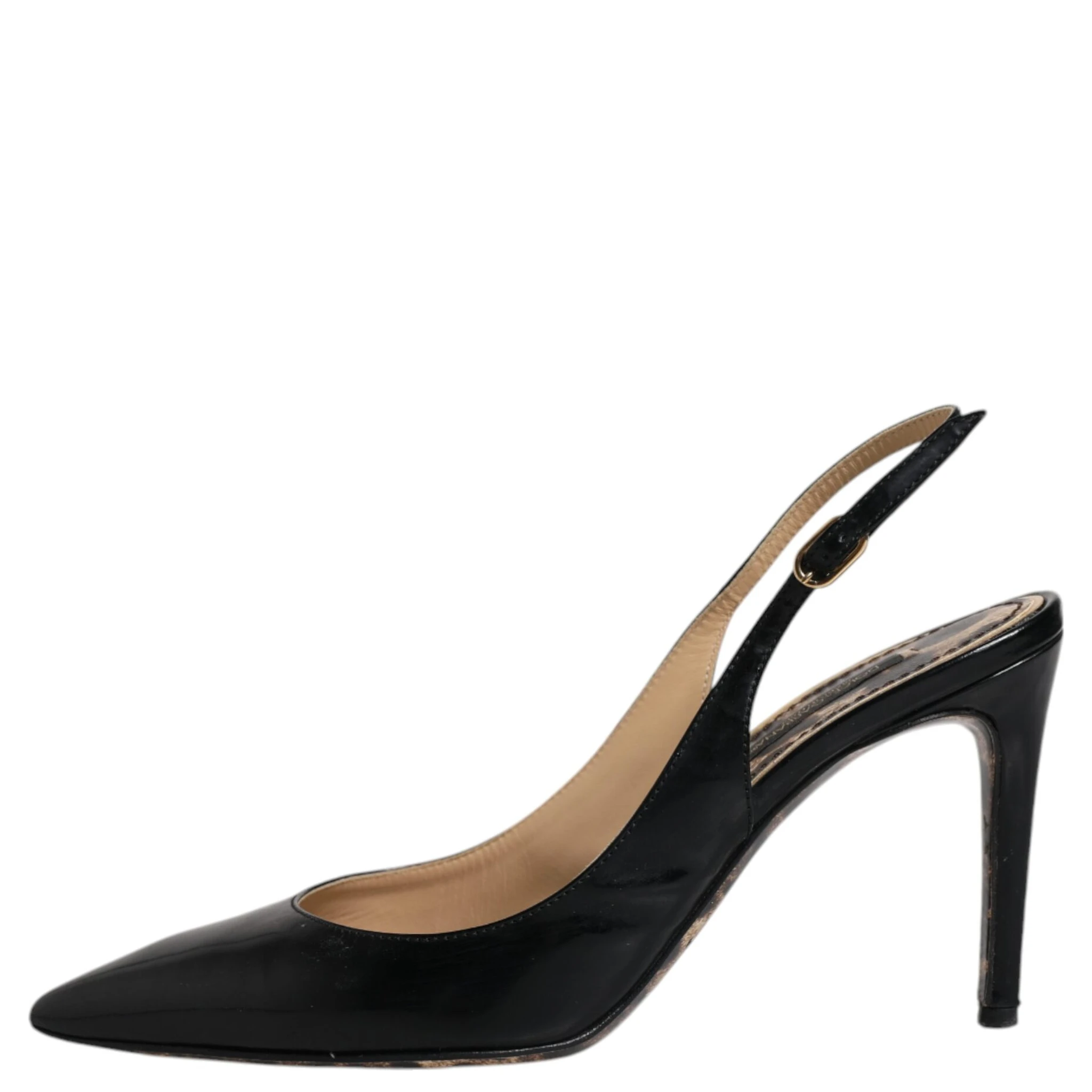 Black Leather High Heels Slingbacks Shoes