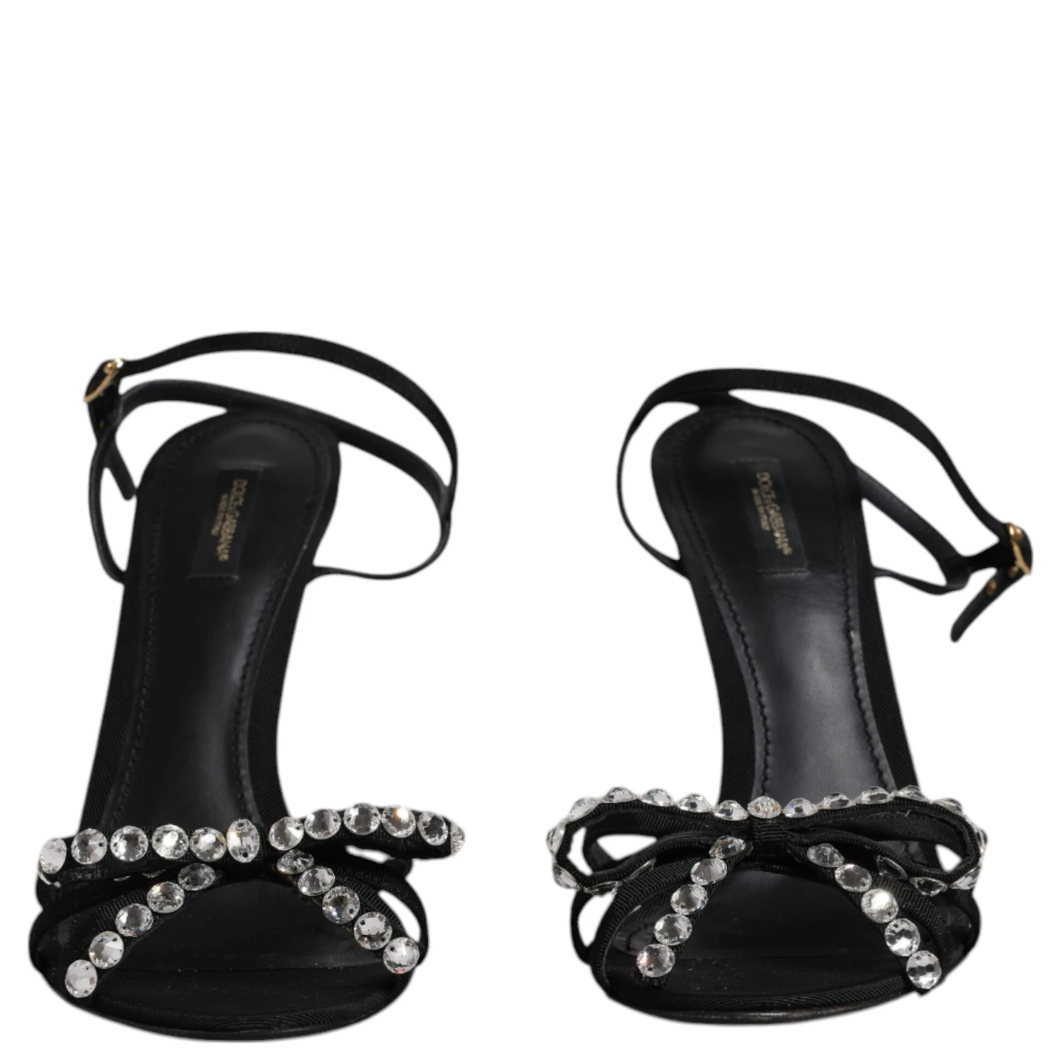 Black Leather Crystal Heels Sandals Shoes